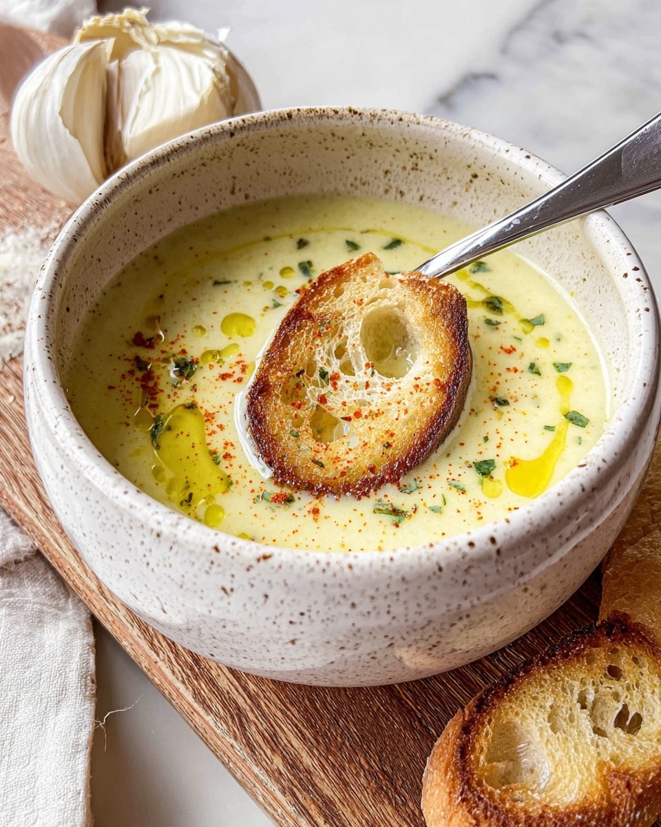 A white speckled bowl holds a creamy light yellow soup with small green herb pieces and a sprinkle of red spice on top. There is a layer of golden olive oil drizzled around the edges, and in the center floats a single toasted bread slice, browned and crispy with visible air pockets. A silver spoon rests inside the bowl, angled toward the top right. The bowl sits on a wooden board placed on a white marbled surface, with a piece of white bread and a white garlic bulb nearby. photo taken with an iphone --ar 4:5 --v 7