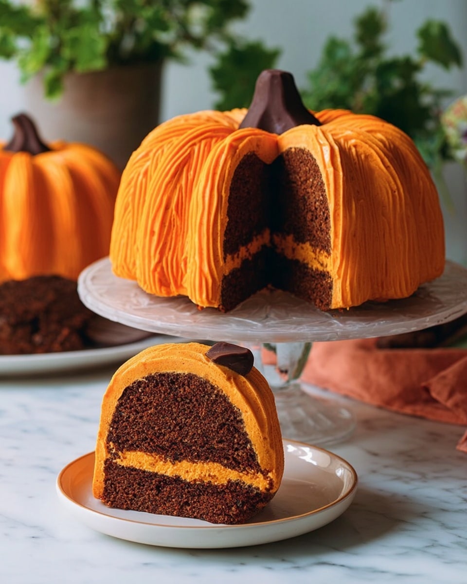 The image shows a slice of two-layer brown cake with a thick, smooth orange frosting covering the top and sides. The cake slice is placed on a white plate with a black fork beside it, and the texture of the cake looks soft and moist. In the background, the rest of the two-layer cake with the same orange frosting is on a white cake stand, with the cut side facing forward, revealing the even layers. The scene is set on a white marbled texture surface. Photo taken with an iphone --ar 4:5 --v 7