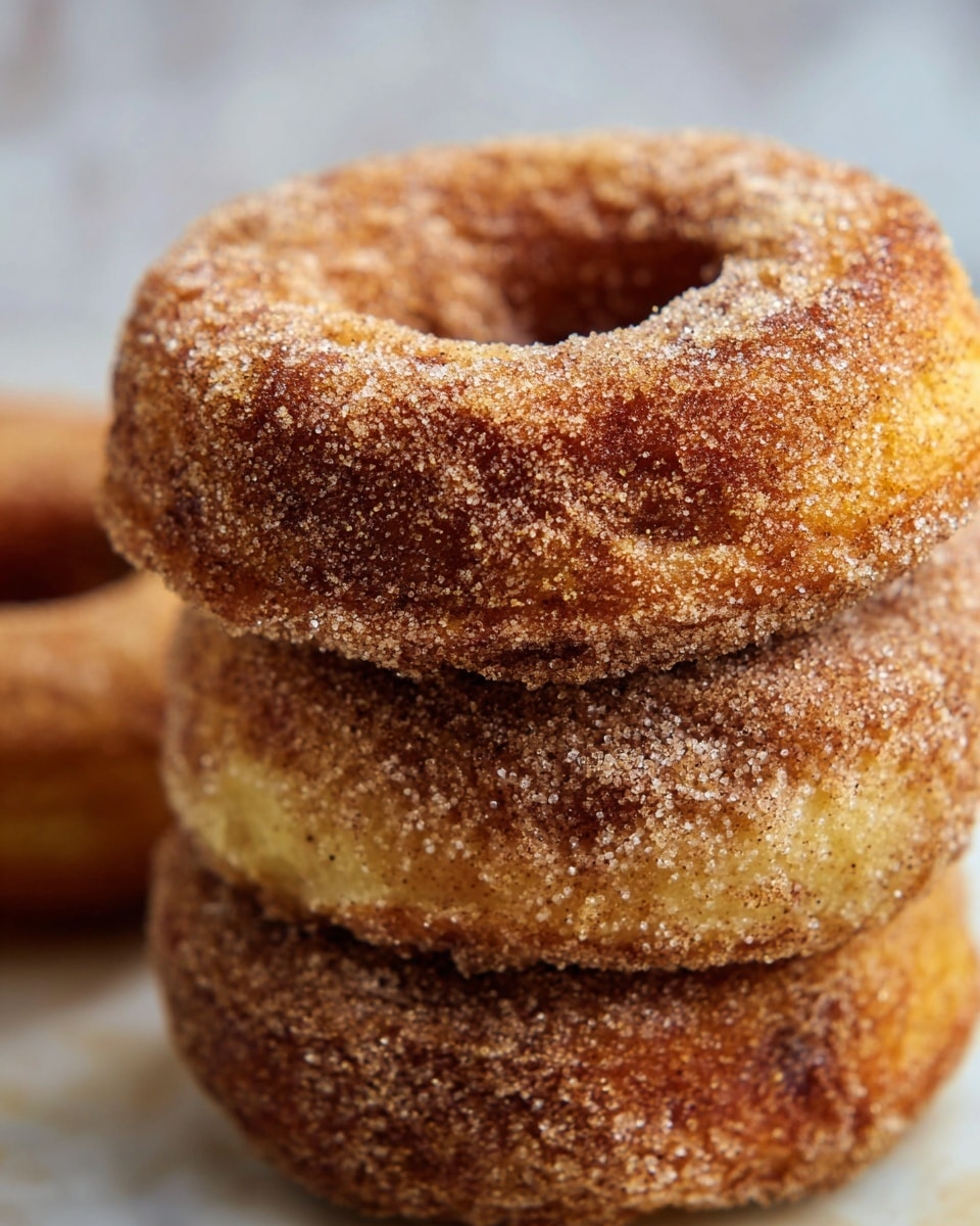 The image shows a close-up of a stack of three round donuts with a thick, rough coating of cinnamon sugar. Each donut has a golden-brown color with a slightly uneven texture, and the sugar crystals are clearly visible on the surface, giving the donuts a grainy look. The donuts have a large enough hole in the center, and the cinnamon sugar layer covers the entire outer surface. The background has a white marbled texture that is blurred out, putting full focus on the donuts. Photo taken with an iphone --ar 4:5 --v 7