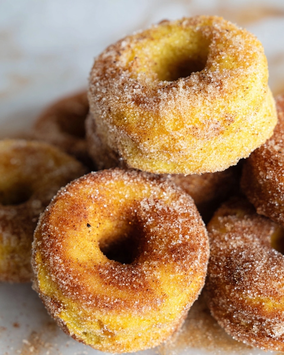 The image shows several mini doughnuts covered in a sugar and cinnamon coating. Each doughnut has a golden yellow base with a rough texture, and the outer layer is evenly dusted with a sparkling mix of fine sugar and cinnamon granules. The doughnuts are stacked closely together on a white marbled surface, emphasizing their crunchy and sugary exterior with some areas darker where more cinnamon is concentrated. photo taken with an iphone --ar 4:5 --v 7
