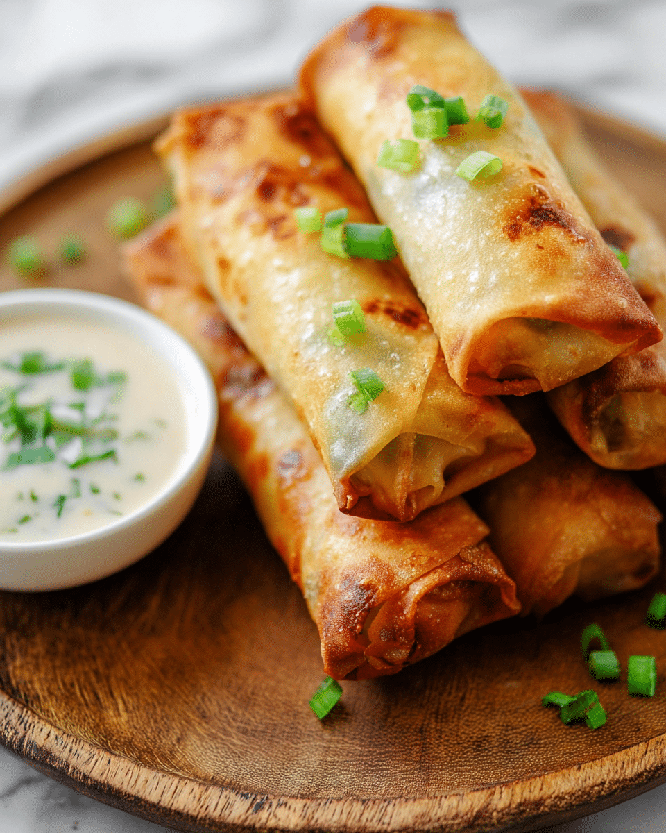 The image shows four golden brown fried spring rolls with a slightly crispy and blistered texture on the surface, stacked close together on a rustic wooden round plate. Each spring roll has a few bright green chopped scallions sprinkled on top, adding a fresh color contrast. To the left side of the plate, there is a small white bowl filled with a creamy light-colored dipping sauce garnished with tiny green herbs. The background is a white marbled texture, making the colors of the food stand out clearly. photo taken with an iphone --ar 4:5 --v 7