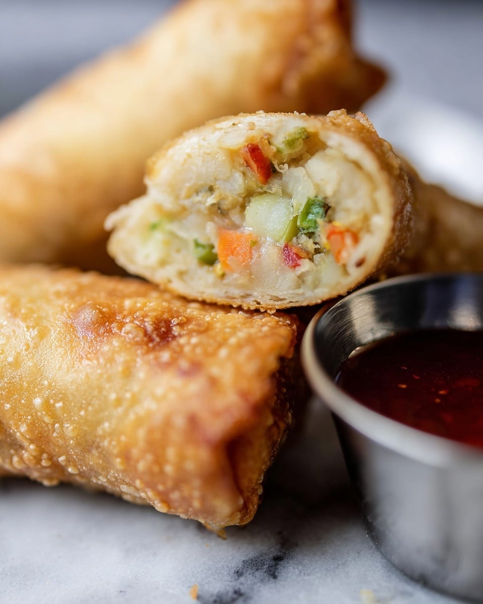 The image shows four golden brown egg rolls placed inside a black air fryer basket. Each egg roll is cylindrical, with a crispy, bubbly texture on the outer layer, and they are arranged diagonally across the basket. The egg rolls have a slightly uneven surface with small blistered spots from frying, and their ends are tightly sealed. The black basket has a grid pattern with holes, allowing a view of the bottom, and the background is a white marbled texture. Photo taken with an iphone --ar 4:5 --v 7