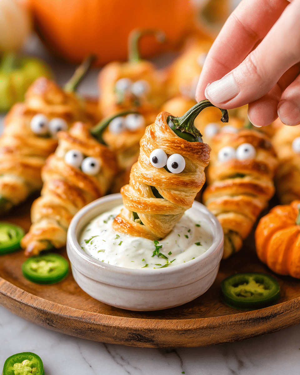 The image shows many small green jalapeño peppers cut in half and filled with a light yellow creamy cheese mixture. Each pepper is wrapped with thin, golden brown baked pastry strips arranged diagonally in layers, crisscrossing over the cheese filling, making them look like little mummies. Two round white candy eyes with black centers are placed near the top of each pepper, peeking through the pastry strips. All peppers are neatly arranged close together on a white marbled surface, creating a playful and fun presentation. Photo taken with an iphone --ar 4:5 --v 7