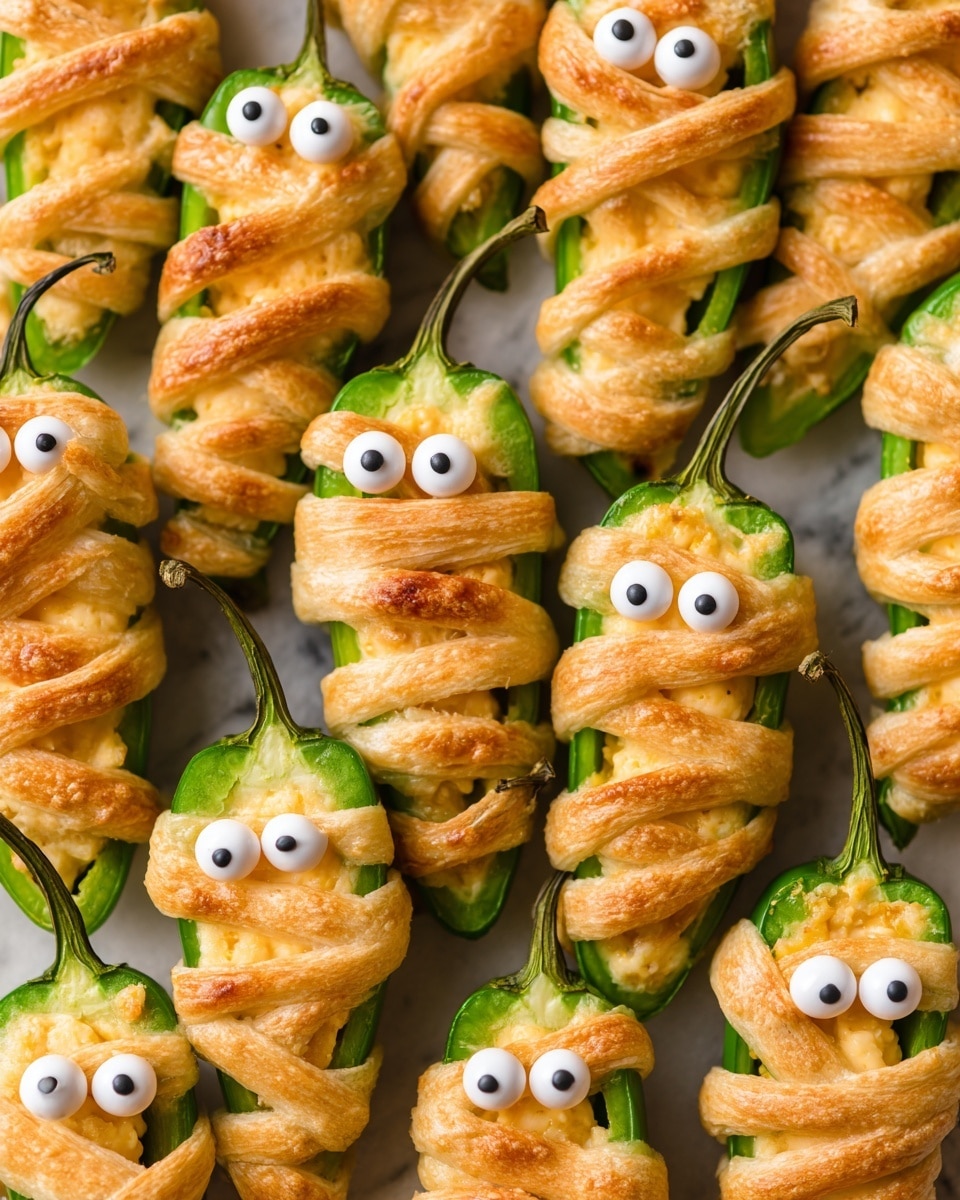 A close-up of a jalapeño pepper wrapped tightly with golden brown baked pastry strips forming a mummy shape, with two large white candy eyes on the upper part near the green stem. The pepper is being dipped into a small white bowl filled with thick, creamy white dip sprinkled with green herbs. The bowl is on a round wooden board covered with more jalapeño mummies, all with the same wrapped golden pastry and eyes. The board sits on a white marbled surface with scattered fresh green jalapeños and orange mini pumpkins blurred in the background. A woman's hand is gently holding one of the jalapeño mummies. Photo taken with an iphone --ar 4:5 --v 7