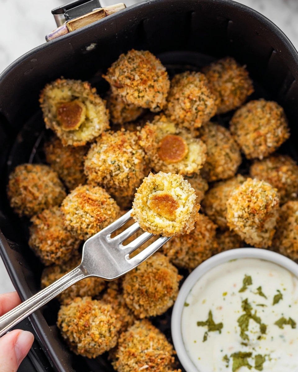 The image shows a black air fryer basket filled with small, round, golden-brown crispy snacks coated with crunchy breadcrumbs. One piece is pierced by a silver fork held by a woman's hand near the top of the image, revealing an orange sausage center surrounded by a light yellow layer, all inside the crispy crumb coating. In the bottom right corner, part of a white bowl with a creamy white sauce garnished with green herbs is visible. The background is a white marbled texture. photo taken with an iphone --ar 4:5 --v 7