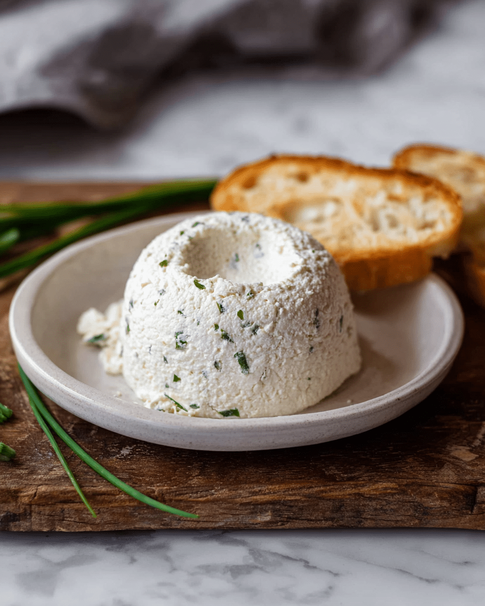 A small dome-shaped mound of soft white cheese with tiny green herb specks is placed in a shallow white plate at the center of the image. The cheese has a creamy, slightly crumbly texture with an indentation on the top surface. Around the plate, there are a couple of toasted golden-brown bread slices with a crisp texture. To the left on the rustic wooden board, a few fresh green chive stalks lie flat. The background is a white marbled texture with a blurred gray cloth in the back. Photo taken with an iphone --ar 4:5 --v 7