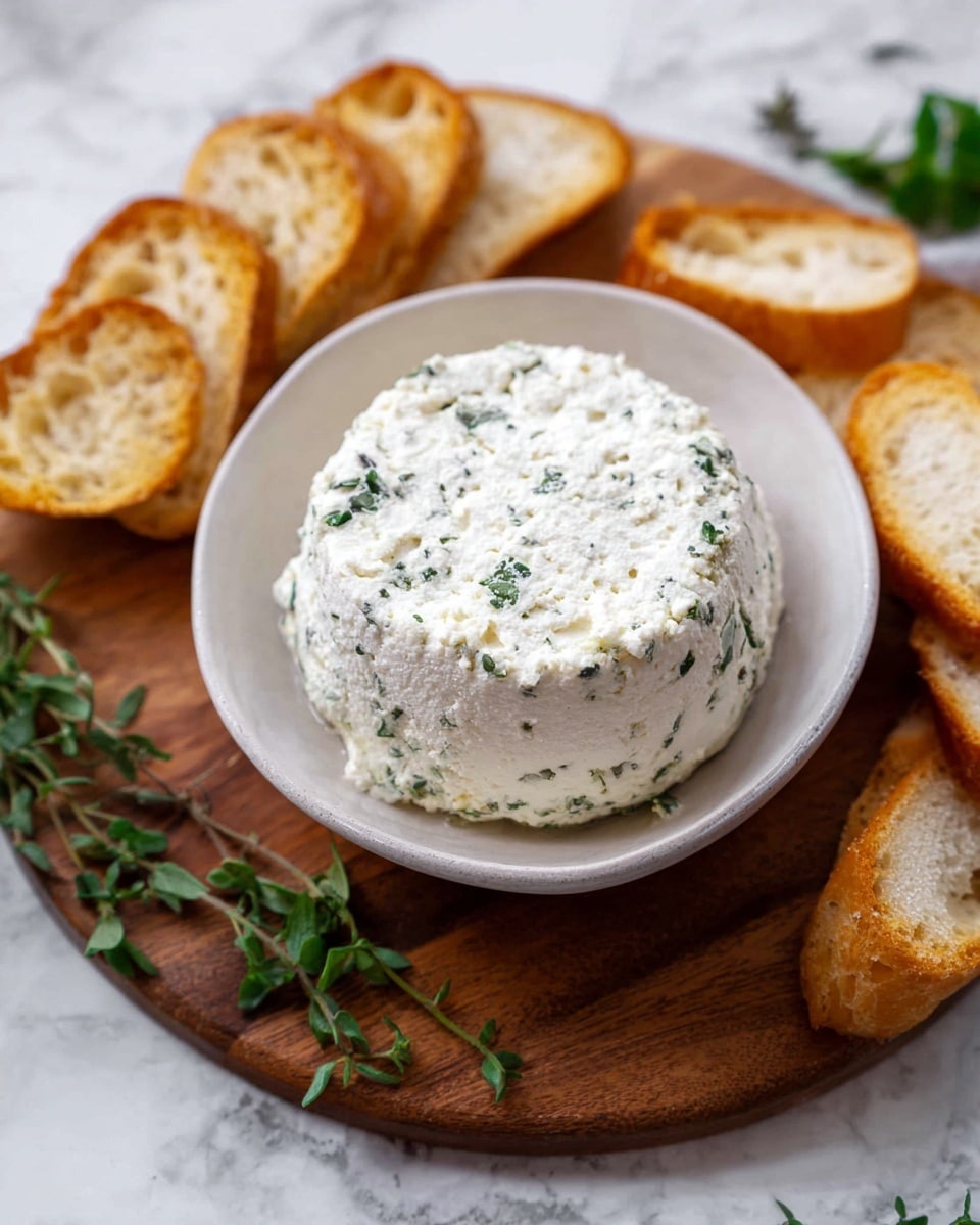 A round mound of soft, white cheese mixed with green herbs sits in the middle of a white bowl, showing a slightly textured and creamy surface. The bowl is placed on a wooden board on top of a white marbled surface. Around the bowl are several pieces of toasted golden brown baguette slices with a crunchy texture, and some fresh green sprigs of herbs lay nearby. The setting is simple with a natural, homemade feel. photo taken with an iphone --ar 4:5 --v 7