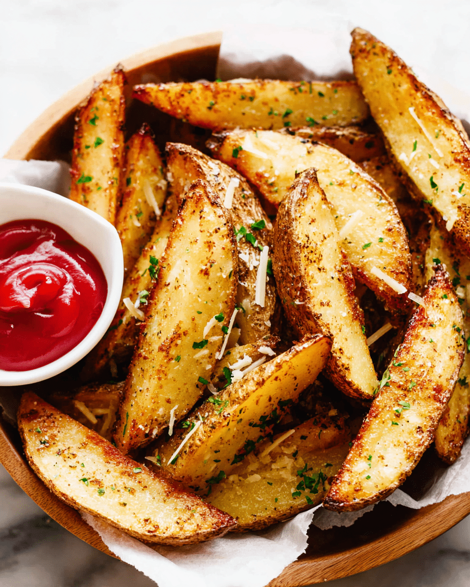 A close-up of thick potato wedges with golden-brown edges and a crispy, seasoned skin layered naturally on white paper inside a wooden bowl. The wedges show a soft, pale yellow inside sprinkled with small bits of green herbs and thin shreds of light-colored cheese. On the left side, there is a small white bowl filled with bright red ketchup. The background is a white marbled texture. photo taken with an iphone --ar 4:5 --v 7