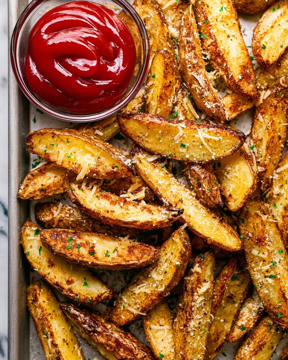 A close-up of a metal tray filled with golden-brown potato wedges, each wedge showing crispy, seasoned skins with a mix of light yellow and brown colors, sprinkled with small bits of green herbs and grated cheese. The wedges are arranged in a scattered yet full layer across the tray. On the top left side, there is a small round clear glass bowl filled with glossy red ketchup, showing smooth texture and swirls. The background is a white marbled texture. photo taken with an iphone --ar 4:5 --v 7