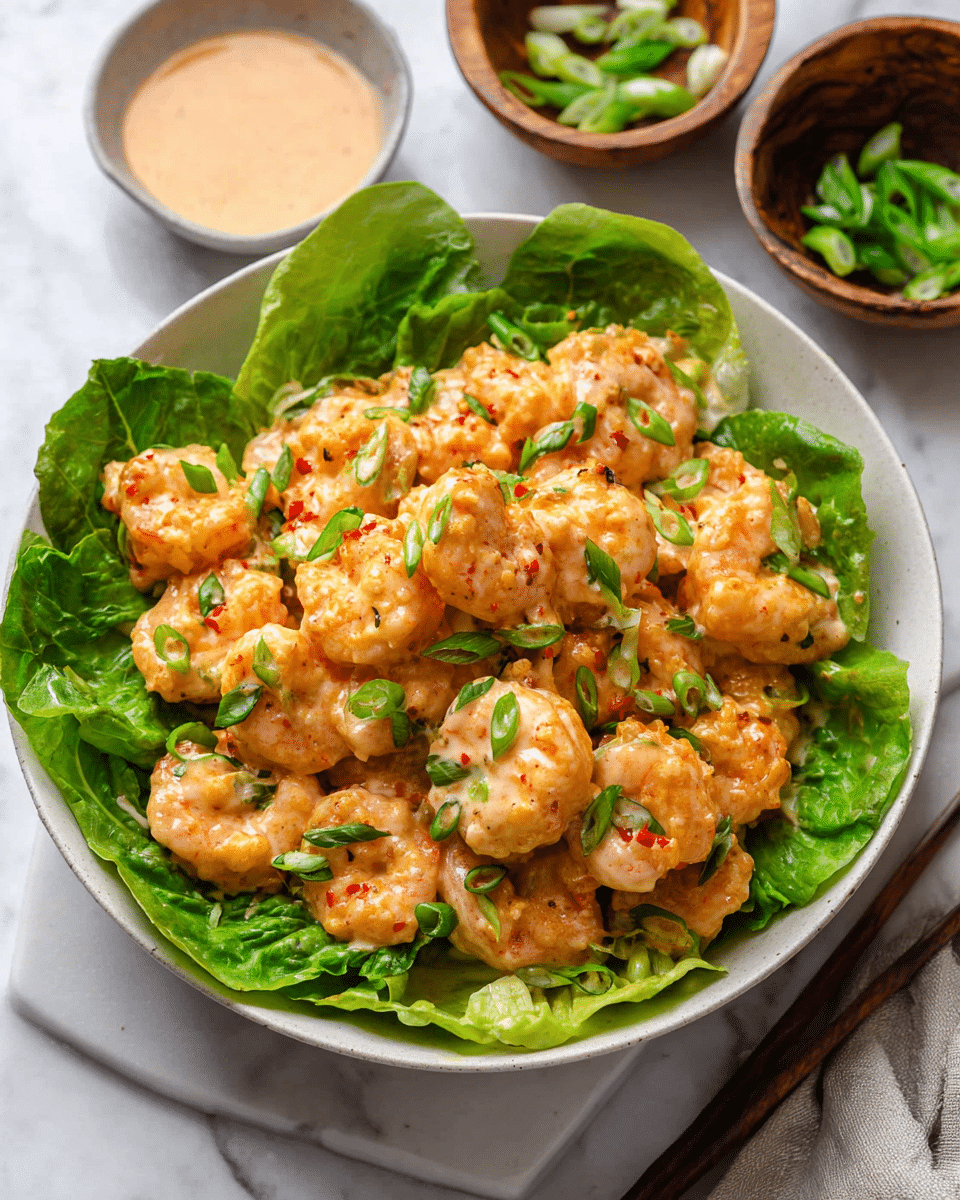 A round white bowl with a base layer of bright green lettuce leaves neatly arranged inside it, topped with a generous pile of golden-orange shrimp coated in a creamy sauce. The shrimp are scattered over the lettuce, showing a light char on some pieces for texture, and are garnished with small, thinly sliced green onion pieces sprinkled across the top. Behind the bowl on a white marbled surface, there are two small wooden bowls containing extra green onion slices and a light orange dipping sauce. Photo taken with an iphone --ar 4:5 --v 7