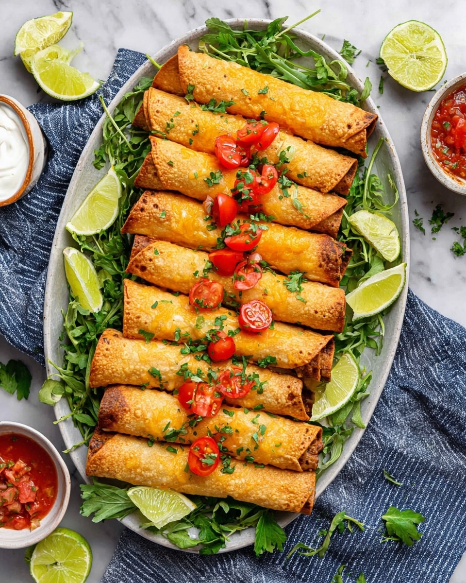 The image shows a white oval plate filled with ten golden, crispy rolled taquitos arranged in two neat rows. The taquitos have a crunchy texture with a slightly bubbled surface. They are topped with small, bright red cherry tomato halves and scattered chopped fresh green herbs, giving a pop of color and freshness. Underneath the taquitos, there are green leafy herbs spread across the plate, adding a layer of vibrant green. Around the plate, there are three lime wedges adding a light green touch. The plate is placed on a blue and white striped cloth over a white marbled surface. Small bowls with red salsa, green herbs, and a creamy white sauce with a hint of spice are placed around the plate. Photo taken with an iphone --ar 4:5 --v 7