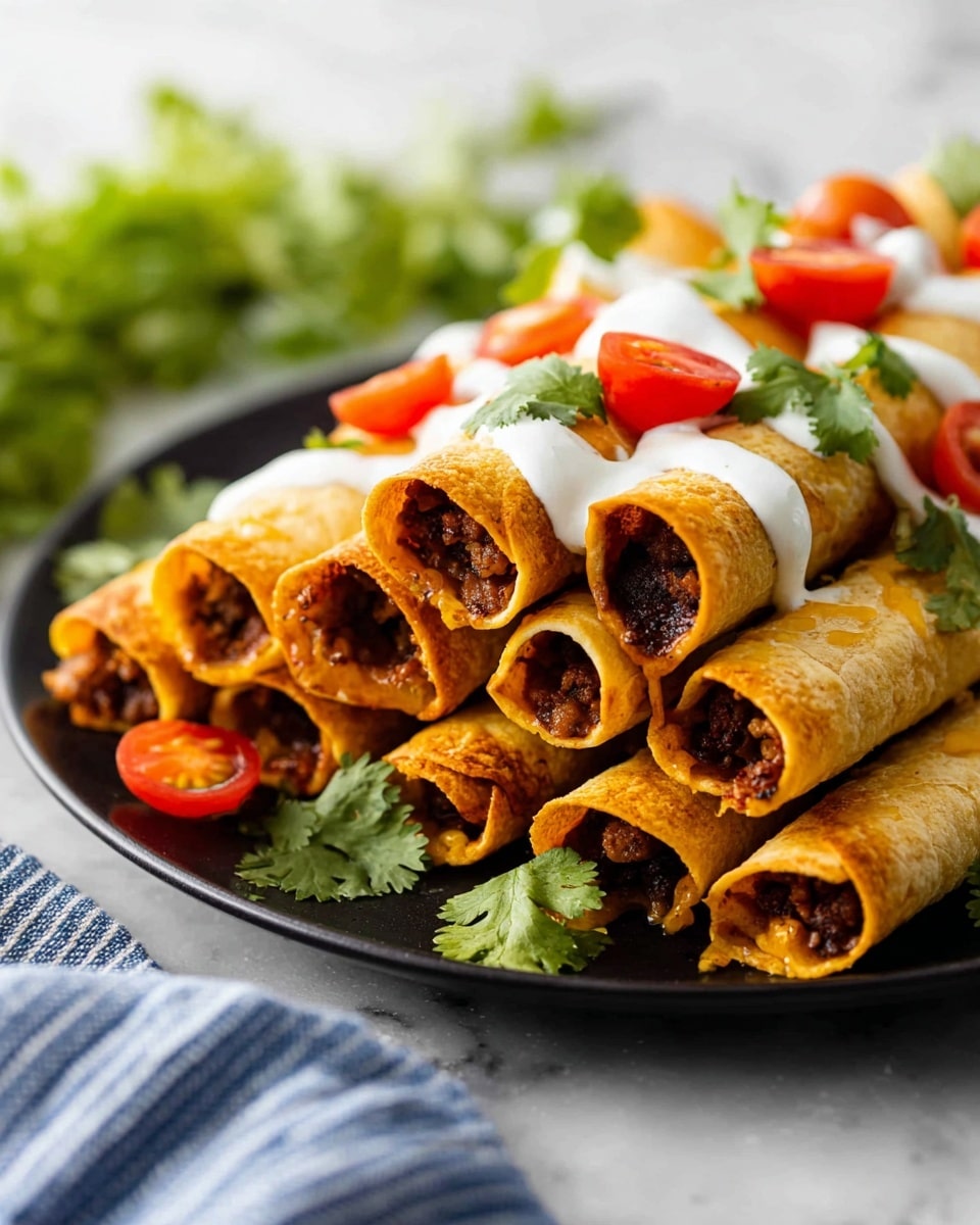 A close-up view of a stack of seven rolled taquitos on a black plate, each with a golden crispy shell and dark brown seasoned meat filling visible at the open ends, layered in two rows. The taquitos are topped with small dollops of white creamy sauce, scattered halved red cherry tomatoes, and fresh green cilantro leaves. The plate sits on a white marbled surface with some cilantro leaves and a blue-striped cloth partly visible in the foreground. The image has a bright, natural light with a soft focus on the background. photo taken with an iphone --ar 4:5 --v 7