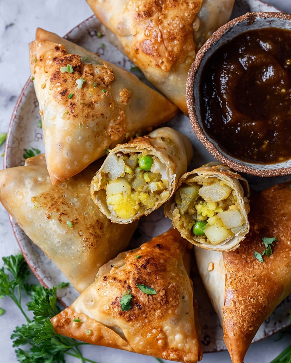 A close-up of a plate showing five golden-brown samosas with a crispy outer shell, triangle-shaped with slightly puffed and textured surfaces, some garnished with small green herb pieces; one samosa is cut in half, revealing a soft yellow and light green filling made of diced potatoes and green peas mixed with spices; the samosas are placed closely on a white plate with subtle patterns, with a small rustic bowl filled with dark brown chutney in the upper right corner, and fresh green parsley leaves peeking from underneath the samosas, all set against a white marbled textured surface; photo taken with an iphone --ar 4:5 --v 7