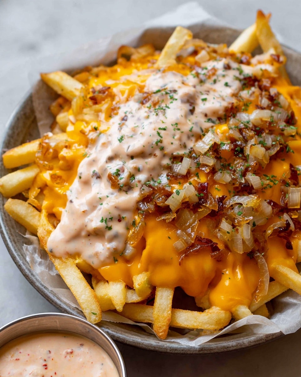 The image shows a dish with three layers starting from the bottom: a layer of golden yellow French fries with a thin and crispy texture, topped with scattered small pieces of cooked caramelized onions that are brown and glossy. Above this is a smooth, melted bright orange cheese layer covering the fries partially. The top layer is a thick, creamy beige sauce with visible chunks of onions, being poured over the fries with a beige spoon. All the food sits on a white paper lining inside a round container, placed on a white marbled surface. photo taken with an iphone --ar 4:5 --v 7