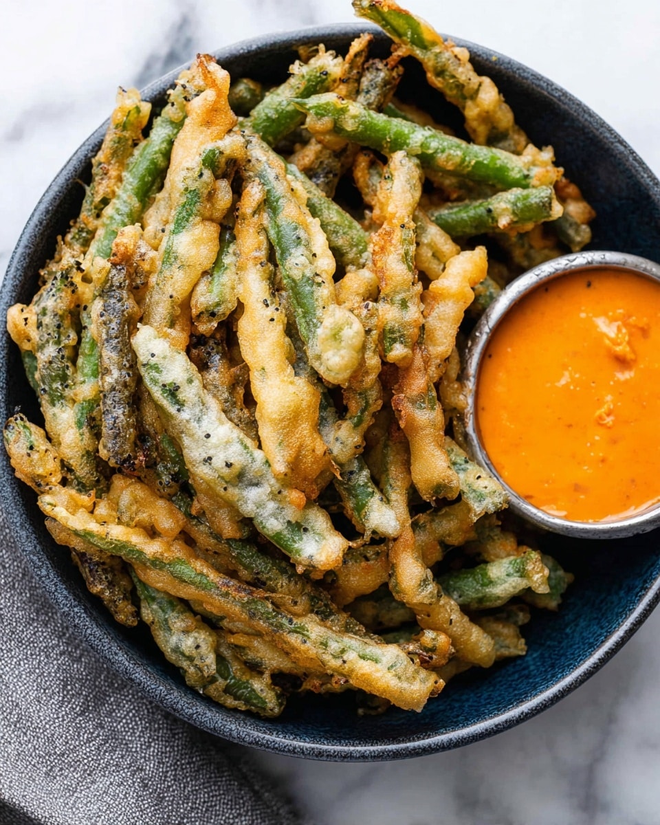 A dark blue bowl filled with many crispy green beans coated in a light golden tempura batter, showing a mix of soft and crunchy texture with some black pepper sprinkled on top, the green beans are stacked unevenly inside the bowl. On the right edge, there is a small round silver bowl filled with a smooth, thick bright orange dipping sauce. The scene sits on a white marbled surface with part of a gray cloth visible underneath the bowl. photo taken with an iphone --ar 4:5 --v 7