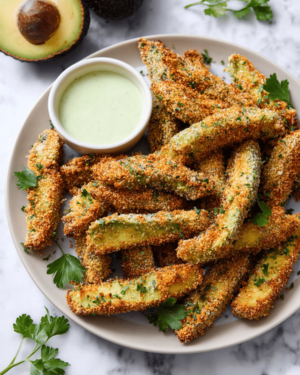 A white plate holds about fifteen crispy avocado fries, each cut into long wedges with a crunchy, golden-brown breadcrumb coating that shows the green avocado peeking through in some places; the fries are scattered casually with small green herb bits sprinkled on top. Around the fries, a few fresh green parsley leaves add color contrast. Part of a small bowl of light green dipping sauce is visible on the left edge of the plate. In the background, there is a half avocado with dark brown seed showing and another black-skinned avocado nearby, all set on a white marbled surface. photo taken with an iphone --ar 4:5 --v 7