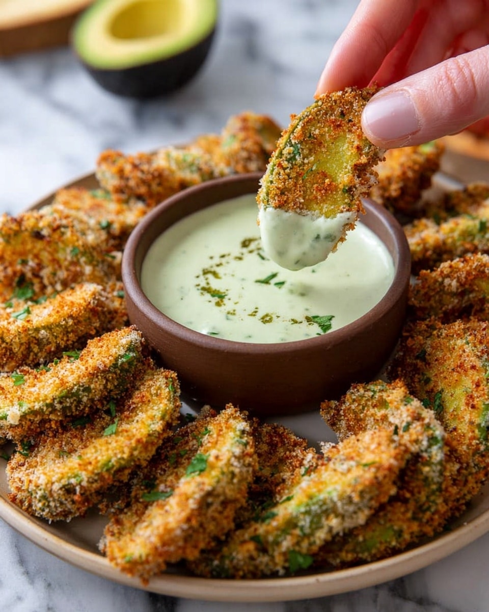 The image shows a plate with many crispy, golden-brown breaded avocado slices, each coated in crunchy breadcrumbs with some green herbs visible. One avocado slice is held by a woman's hand and is being dipped into a small brown bowl filled with light green creamy sauce, which has a smooth texture and a few pieces of herbs floating on top. The plate and bowl sit on a white marbled surface, and there is a halved avocado in the blurred background. photo taken with an iphone --ar 4:5 --v 7