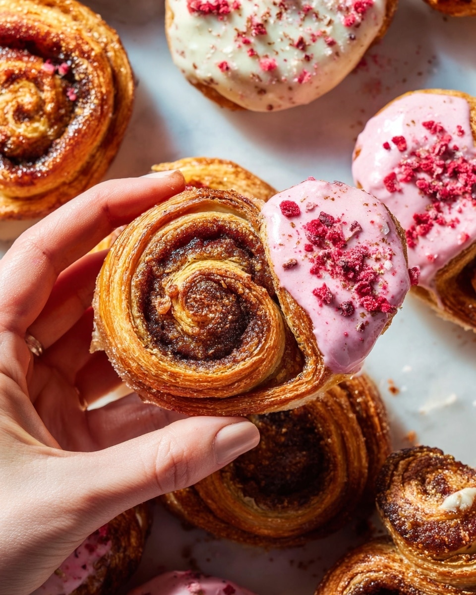 A woman's hand is holding a spiral-shaped pastry with a golden-brown, crispy flaky base showing multiple layers. The pastry has a dark brown, slightly burnt sugar or cinnamon swirl inside. The top right half of the pastry is covered with a smooth, pink icing sprinkled with crushed red pieces. Around the pastry, more similar pastries are visible on a white marbled surface, some topped with white icing and crushed red bits, and others plain with a shiny sugar crust. The image captures textures of flaky layers, glossy icing, and crunchy topping, emphasizing the mix of warm tones and vibrant pink and red accents. photo taken with an iphone --ar 4:5 --v 7