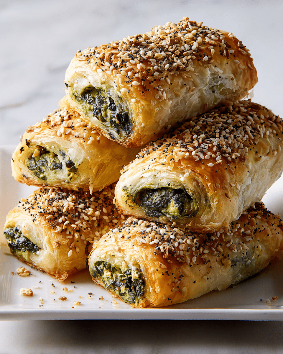 The image shows many baked puff pastry rolls on white marbled texture, each about two layers thick with flaky golden brown crusts sprinkled heavily with mixed seeds and spices on top, mainly sesame and crushed red pepper flakes. Inside each roll is a thick, textured green spinach and cheese filling, some spilling out slightly at the edges. The rolls vary slightly in shape but are mostly rectangular, arranged loosely together with a crispy, crunchy look. Photo taken with an iphone --ar 4:5 --v 7