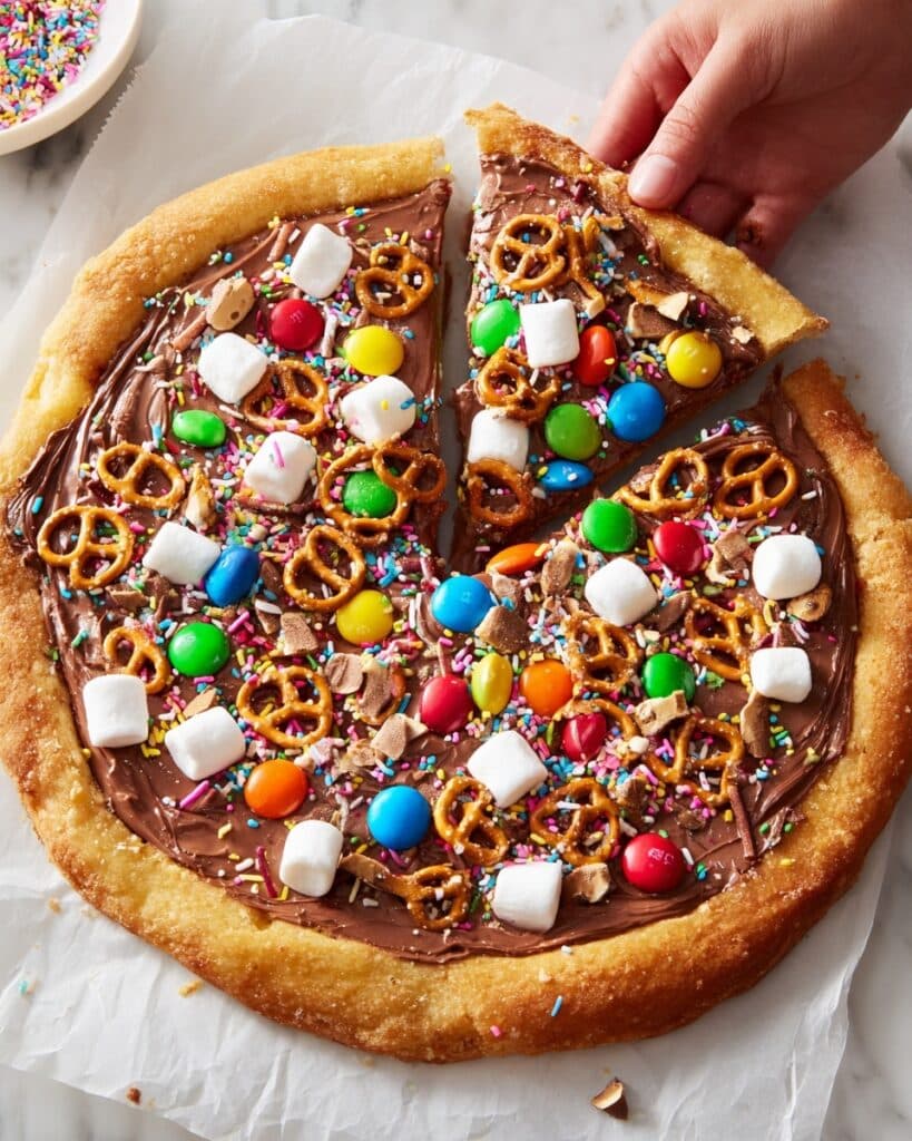 Chocolate Nutella Pizza with Marshmallows, M&M’s, and Pretzels Recipe