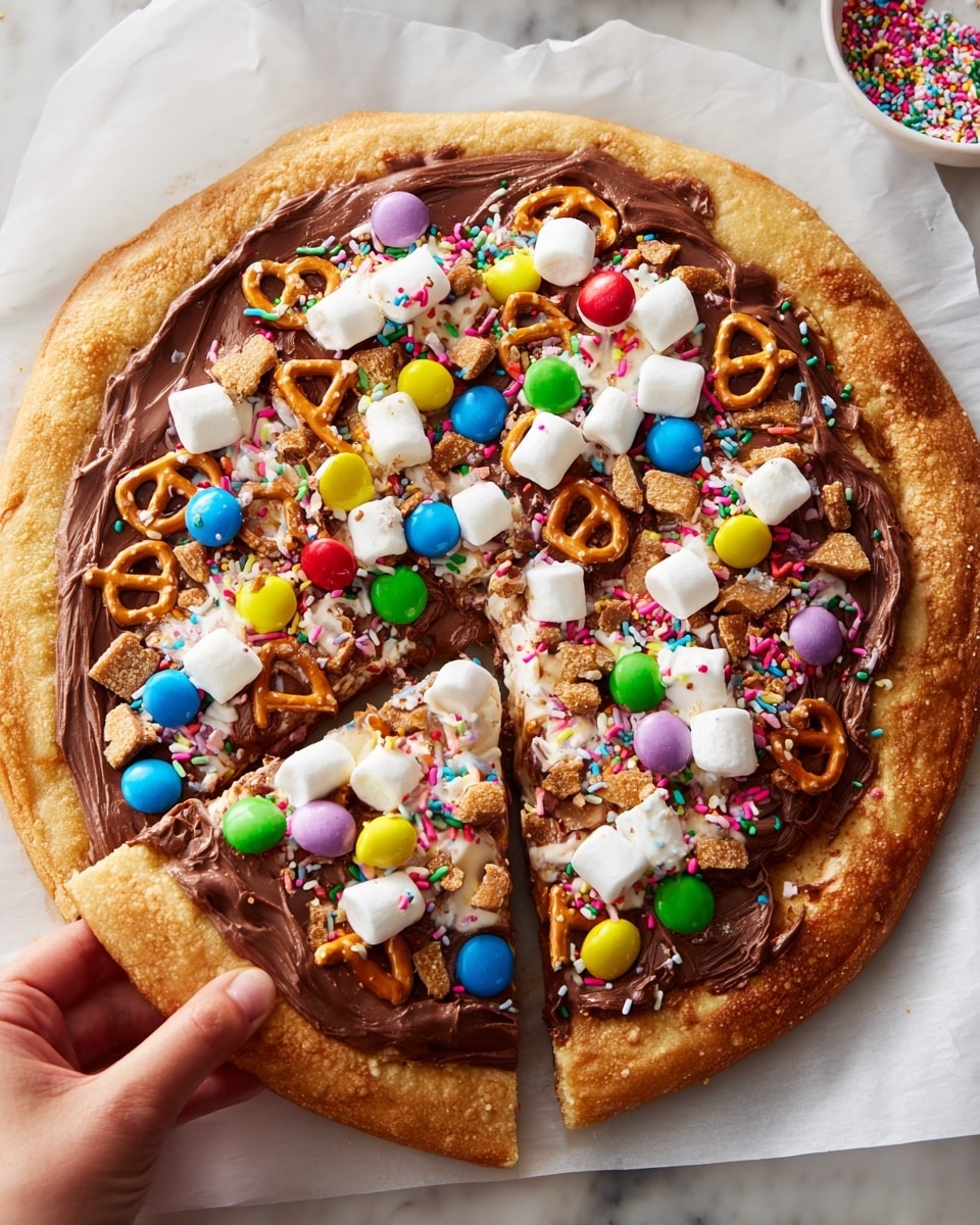 A round dessert pizza with a thick, golden-brown crust forms the base layer. On top, there is a smooth layer of glossy milk chocolate spread covering the entire center inside the crust. Over this chocolate layer, colorful round candy-coated chocolates in red, green, blue, yellow, and orange are scattered evenly. White mini marshmallows are sprinkled generously along with small crunchy pretzel pieces, each twisted in a loop shape. Finally, tiny multicolored sprinkles in various shapes add a festive touch spread all across the surface. A woman's hand is holding one slice of the pizza, pulling it slightly away from the rest. The pizza is placed on white parchment paper over a white marbled surface photo taken with an iphone --ar 4:5 --v 7