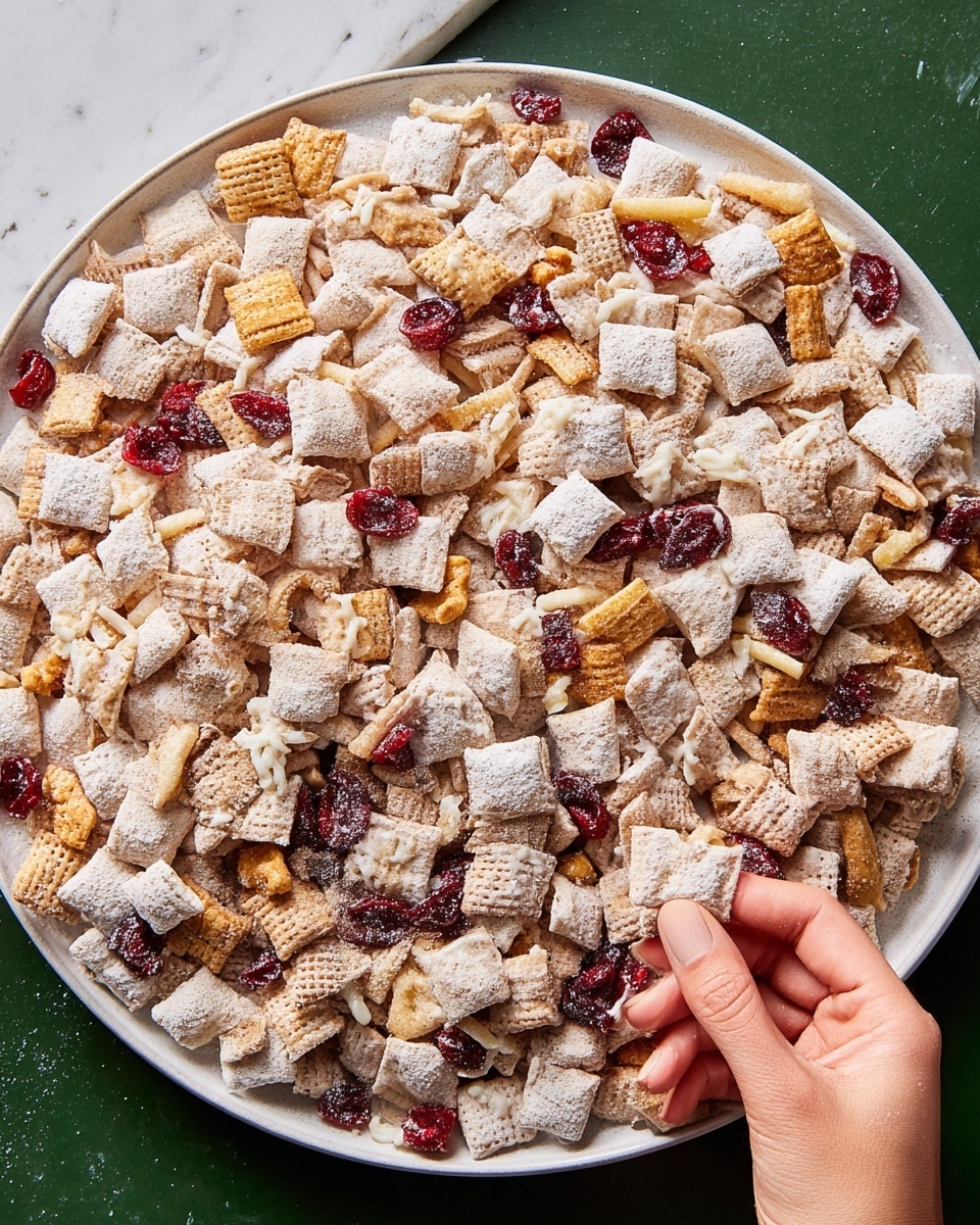 A close-up top view of a large round white plate filled with a layered snack mix that includes pale beige square cereal pieces dusted with white powder, scattered dark red dried cranberries, small golden-brown crunchy chunks, and thin white candy drizzles spread unevenly across the dish. In the lower right corner, a woman's hand is gently picking up a small amount of the mix, showing the texture and layers of the ingredients. The plate sits on a white marbled surface. photo taken with an iphone --ar 4:5 --v 7