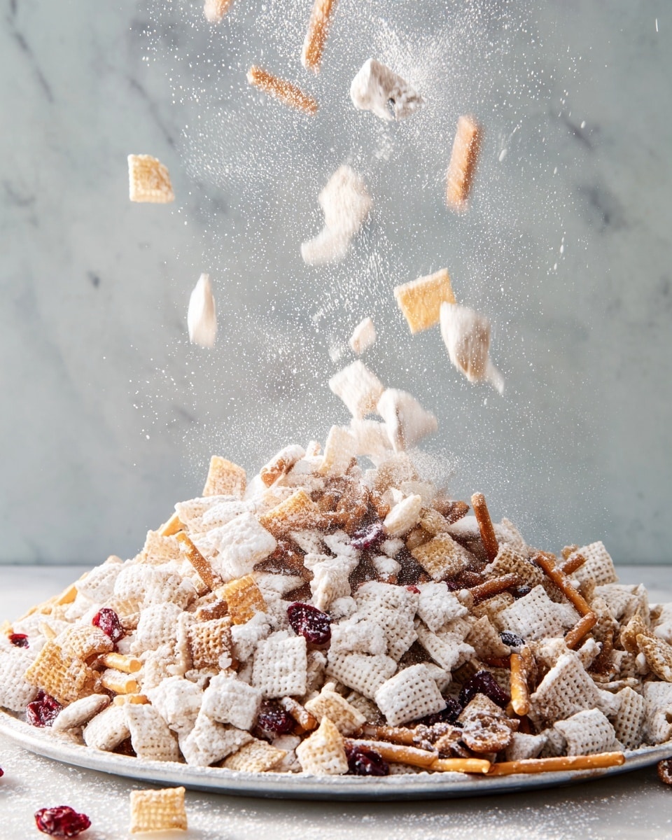 A large pile of snack mix is shown on a white plate, placed on a white marbled surface. The mix has several visible layers and textures: light-colored crispy cereal squares covered in white powder, small pieces of dried cranberries with deep red color, golden brown crunchy bits, and thin strands of off-white pretzels or sticks scattered throughout. Some pieces are falling down from above, mid-air, creating a sense of motion with powder dust spreading around. The background is simple with a soft gradient from light to darker gray. Photo taken with an iphone --ar 4:5 --v 7
