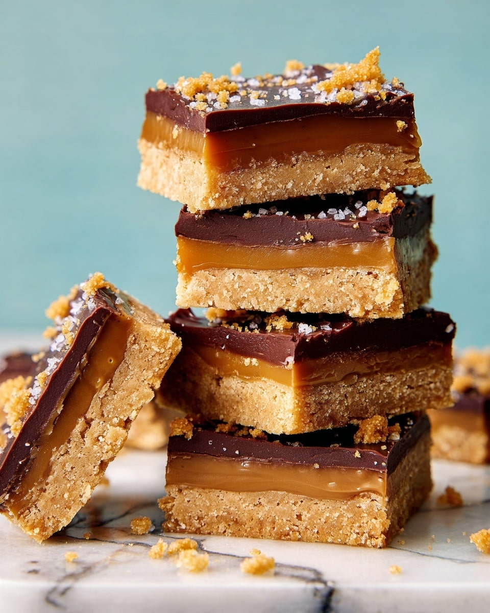 The image shows several rectangular dessert bars arranged on a white marbled surface. Each bar has three clear layers: a crumbly light brown bottom layer, a middle caramel or nougat layer of a similar light brown shade, and a smooth, dark chocolate top layer. The chocolate layer is glossy and sprinkled with golden cookie crumbs and coarse white salt flakes, with some large cookie pieces scattered on top and around the bars. The bars are cut cleanly, with one bar slightly broken showing the soft middle layer inside. Photo taken with an iphone --ar 4:5 --v 7