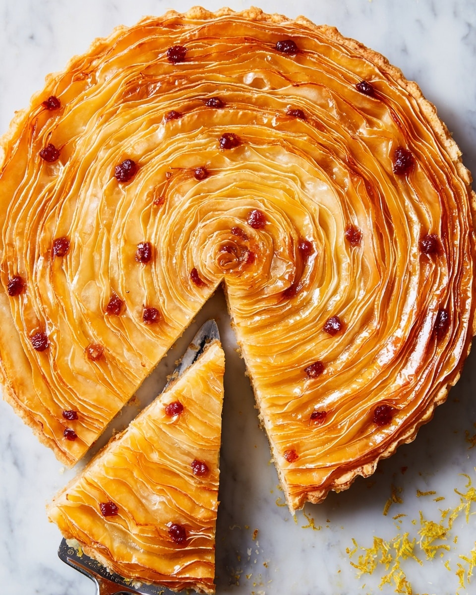 A round tart with many thin, golden-brown layers of flaky pastry arranged in a spiral pattern from the center to the edge, topped with small dots of red jam scattered evenly on the surface, and a shiny glaze giving it a glossy look. One slice of the tart is cut and lifted slightly with a silver pie server, showing the thinness and crisp texture of the pastry layers. The tart sits on a white marbled surface with some scattered yellow zest around it. Photo taken with an iphone --ar 4:5 --v 7