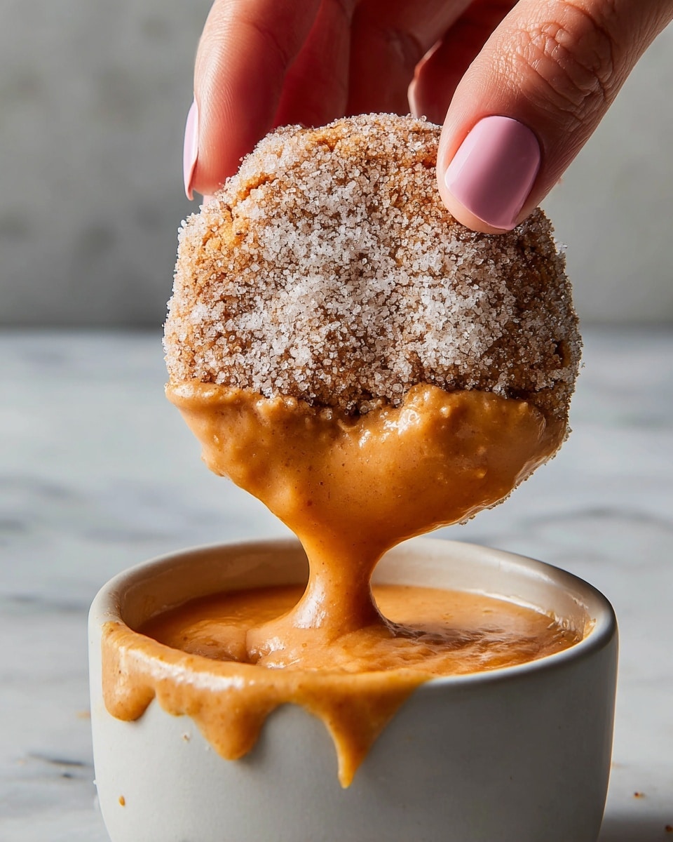 A close-up image shows a woman's hand with pink nail polish dipping a round cookie covered in sugar and cinnamon into a cup of thick, orange-brown liquid sauce. The cookie’s top half is rough and grainy with white sugar crystals and light brown cinnamon, while the bottom half is coated with the smooth, creamy sauce that drips slowly back into the cup. The cup is white and filled almost to the brim with the sauce, which has some splashes on the rim. The background and surface have a white marbled texture. photo taken with an iphone --ar 4:5 --v 7