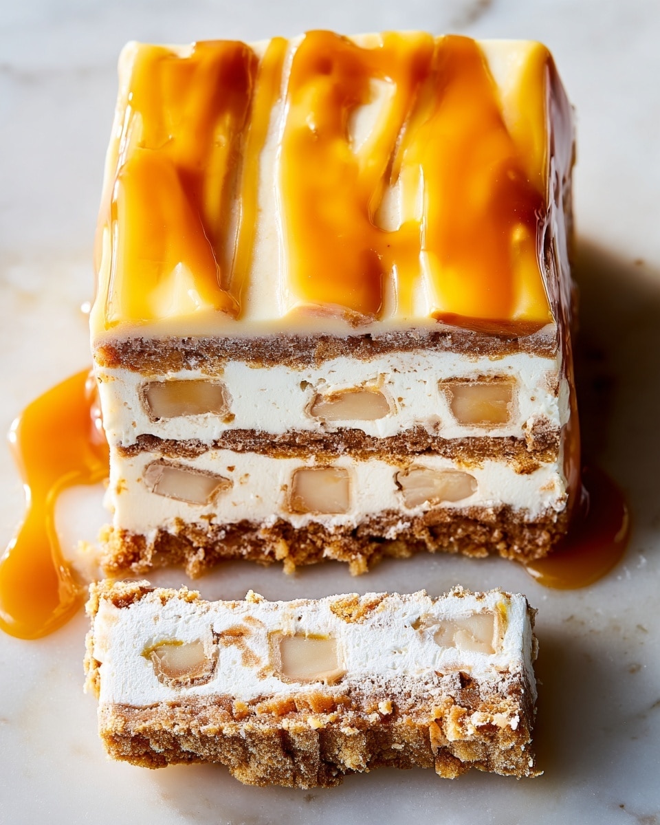 A close-up of a dessert bar with two main layers: the bottom layer is a creamy white ice cream mixed with swirls of light brown cinnamon-colored chunks, creating a marbled effect, and the top layer is a smooth, pure white creamy layer. On top of the dessert, a golden caramel sauce is being drizzled, forming lines that drip down the sides, adding a shiny, sticky texture and warm amber color contrast. The dessert sits on a white marbled surface. photo taken with an iphone --ar 4:5 --v 7