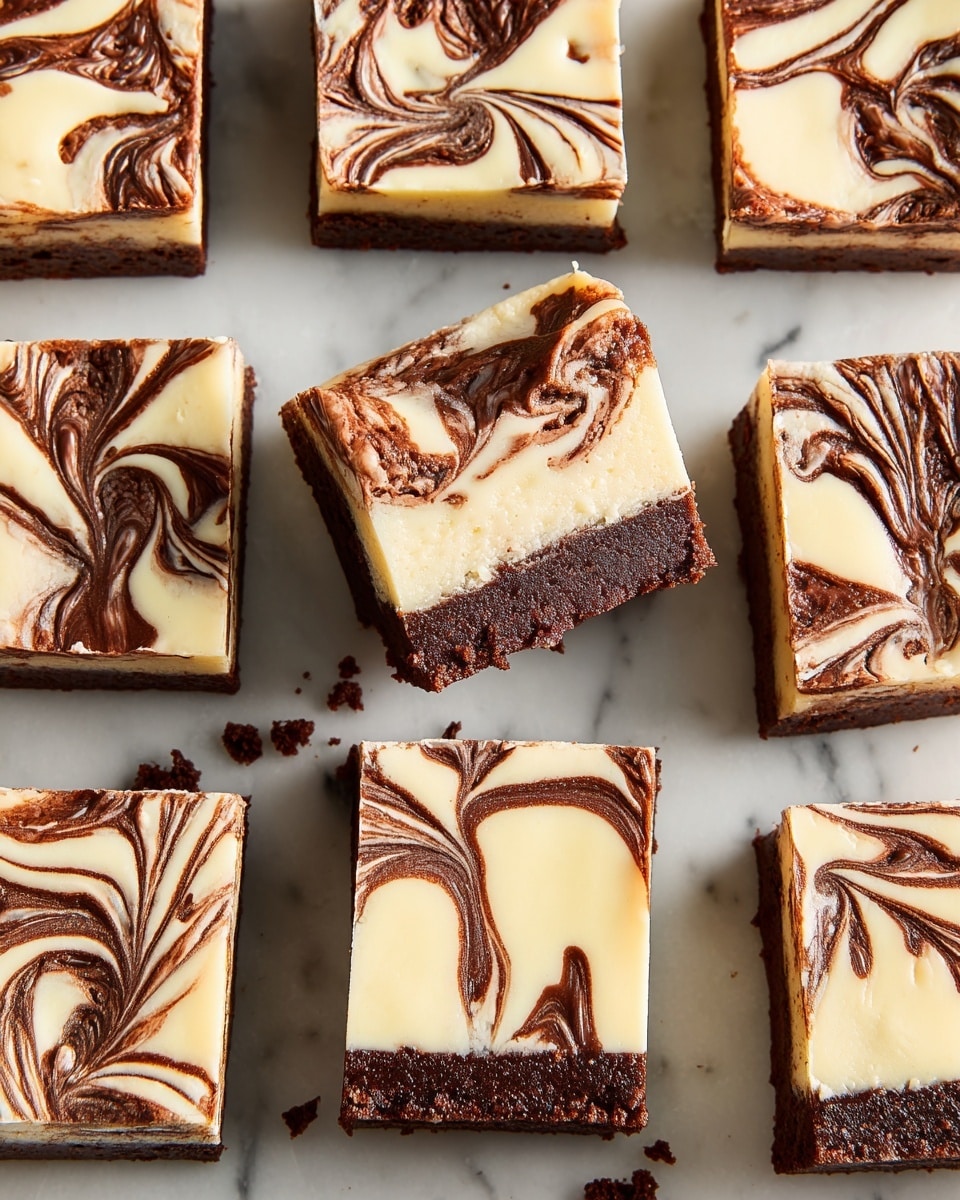 The image shows multiple square pieces of dessert neatly arranged on a white marbled surface. Each piece has two layers: a dark brown bottom layer that looks like dense chocolate brownie, and a creamy white top layer with swirls of dark brown chocolate creating a marbled pattern. The top layer is smooth and glossy, and the chocolate swirls flow in irregular, curved lines that differ on each piece. One piece is tilted, revealing the thickness and texture of both layers, while some crumbs are scattered nearby. photo taken with an iphone --ar 4:5 --v 7