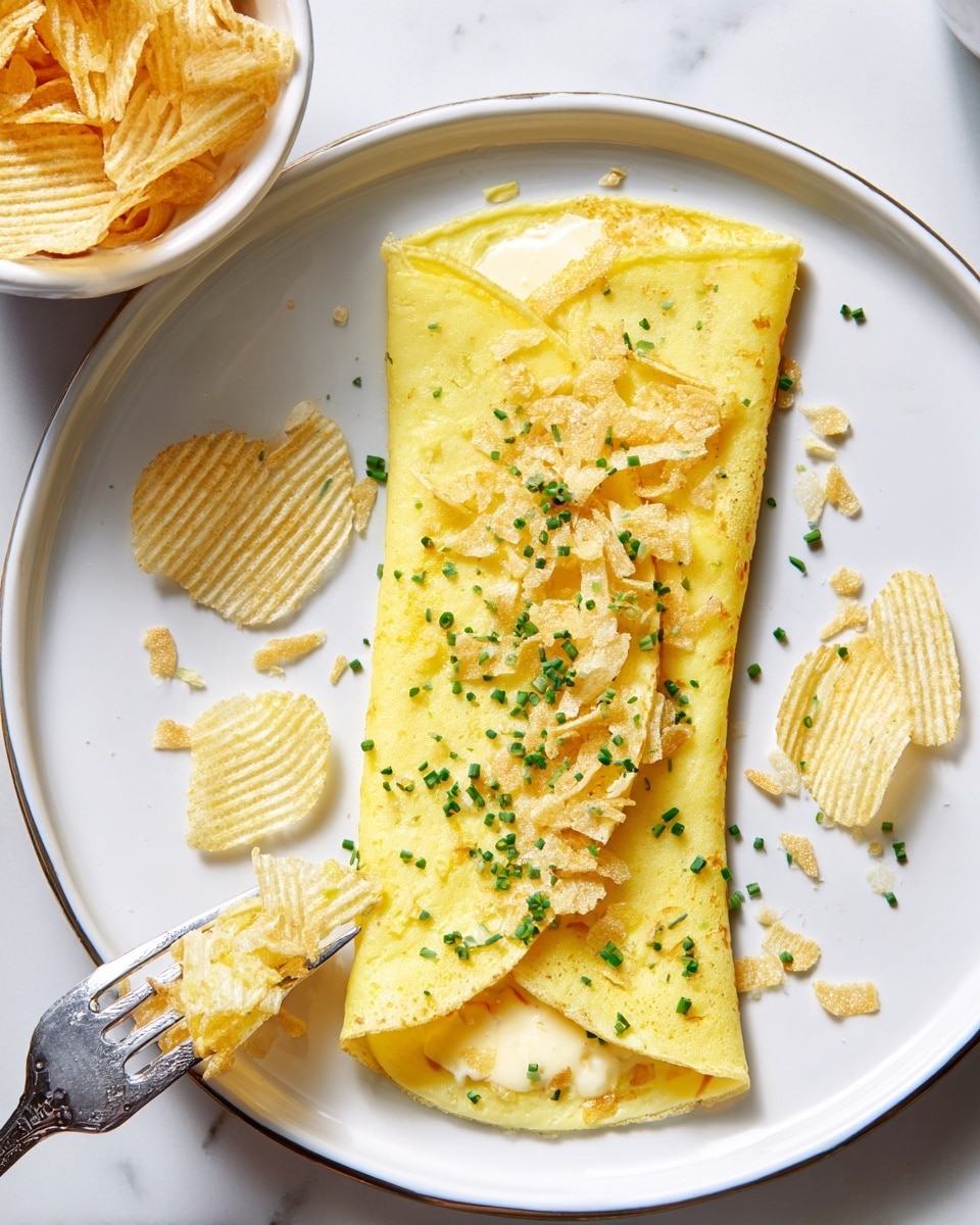The image shows a folded yellow crepe on a large white plate, topped with crushed ridged potato chips and small green chive pieces scattered on and around it. The crepe has a soft, smooth texture and is partially cut open at the bottom, revealing white creamy filling inside. A silver fork is holding the cut part of the crepe at the bottom left of the plate. In the top left corner, there is a white bowl filled with more ridged potato chips. The whole scene is set on a white marbled surface. photo taken with an iphone --ar 4:5 --v 7