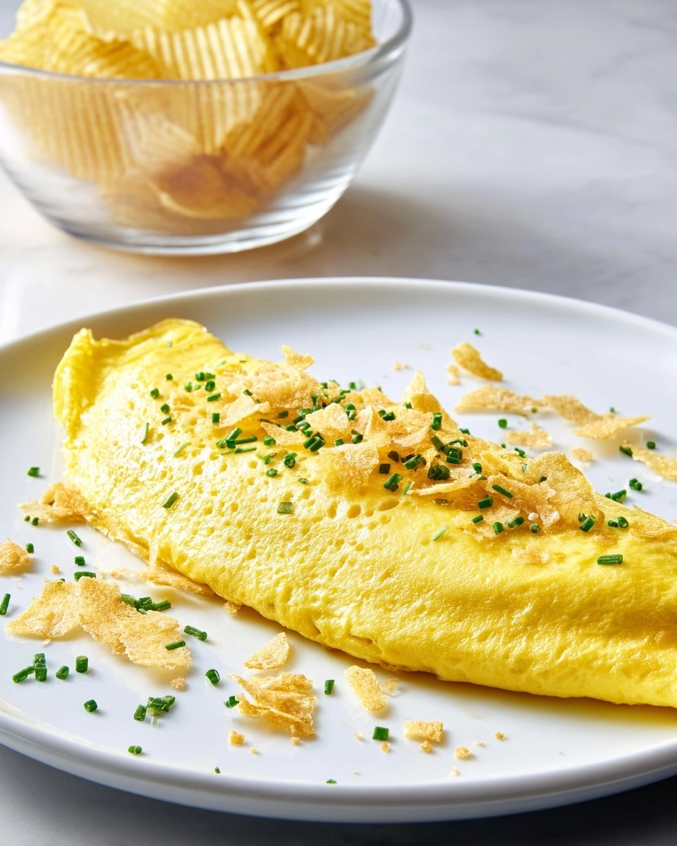 A smooth, bright yellow folded omelette sits in the center of a white plate on a white marbled surface. The omelette is topped with small green chives evenly scattered across its surface along with light, crispy potato chip crumbs falling gently from above and resting on and around the omelette. In the background, there is a clear plastic bowl filled with ridged potato chips. The image captures the crispness of the chips and the softness of the omelette clearly. photo taken with an iphone --ar 4:5 --v 7