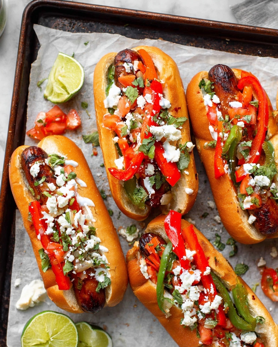 The image shows four hot dogs in soft, golden-brown buns placed on white parchment paper on a dark baking tray. Each hot dog has a base layer of a grilled sausage that is dark brown and shiny, tucked inside the bun. On top of the sausage are strips of cooked red and green bell peppers and onions, adding vibrant red and green colors with a slightly glossy texture. The hot dogs are sprinkled with small, crumbled white cheese and bits of finely chopped tomatoes and green herbs. White creamy sauce is drizzled over the toppings, adding a contrasting light texture. Around the hot dogs, wedges of lime and small pieces of tomato and herbs are scattered on the white marbled surface beneath the tray. Photo taken with an iphone --ar 4:5 --v 7