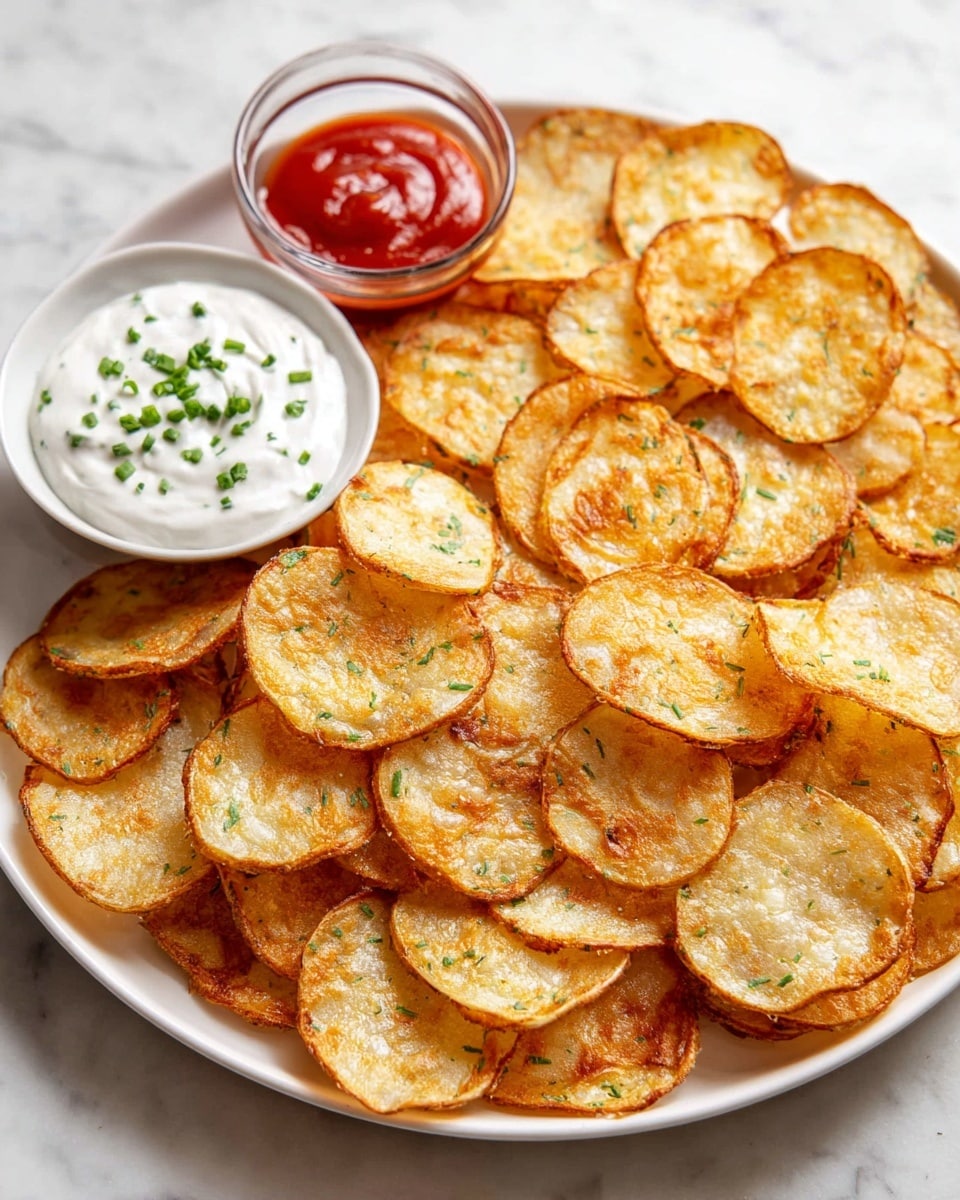 A white plate shows many thin potato slices, golden brown and crispy, arranged in a circular overlapping pattern covering most of the plate. On the left side of the plate, a small white bowl holds a creamy white dip topped with small pieces of green herbs. Behind the bowl, partly visible, is a small clear glass container filled with red sauce. The plate sits on a white marbled surface. photo taken with an iphone --ar 4:5 --v 7