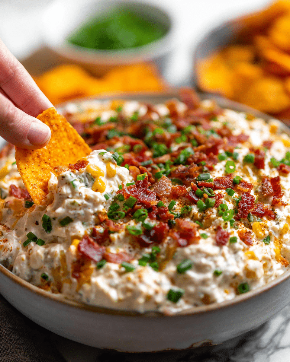 A close-up image shows a creamy dip in a white bowl with a thick texture, packed with small chunks of corn and cheese as the base layer. On top, there is a generous sprinkle of finely chopped green onions and crispy red bits of bacon or similar topping, adding green and red colors across the surface. The dip is creamy white with some light yellow from the corn, while the toppings add texture and color contrast. A woman's hand is dipping a bright orange chip into the creamy mixture. The background has a white marbled texture and a blurred bowl of green herbs in the back. photo taken with an iphone --ar 4:5 --v 7