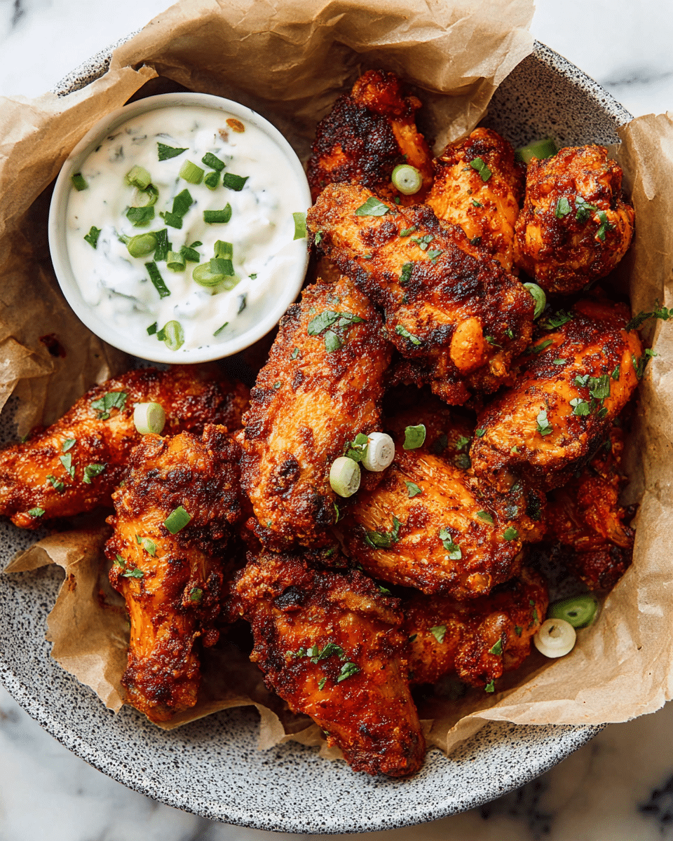 A bowl filled with about ten crispy, golden-brown chicken wings, each wing coated evenly with a rich, reddish spice rub and sprinkled with small chopped green herbs and sliced green onions. The wings rest on a crumpled piece of brown parchment paper inside the bowl. On the left side of the bowl, there is a small white bowl filled with a thick, creamy white sauce topped with finely chopped green onions. The entire scene is set on a white marbled texture surface. photo taken with an iphone --ar 4:5 --v 7
