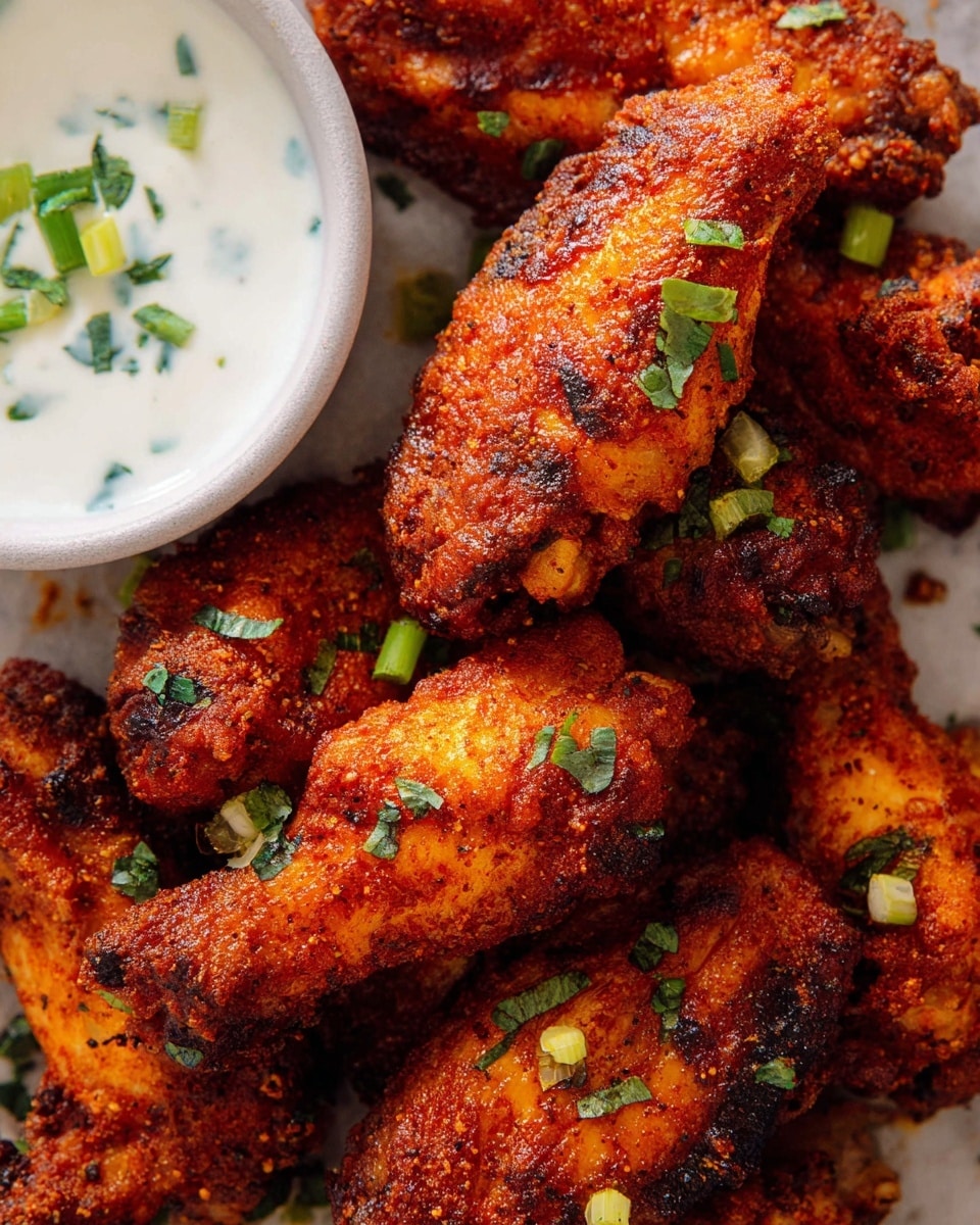A close-up view of several crispy fried chicken wings, each piece coated evenly with a reddish-brown seasoned crust and lightly sprinkled with bright green chopped herbs and sliced green onions. The chicken wings are piled together on a neutral white marbled surface, showing textured, crunchy skin with hints of blackened char spots. On the left side, a white bowl holds a smooth, creamy white dipping sauce garnished with small pieces of green onion. The overall focus is on the rich color and texture contrast between the chicken and the sauce. photo taken with an iphone --ar 4:5 --v 7