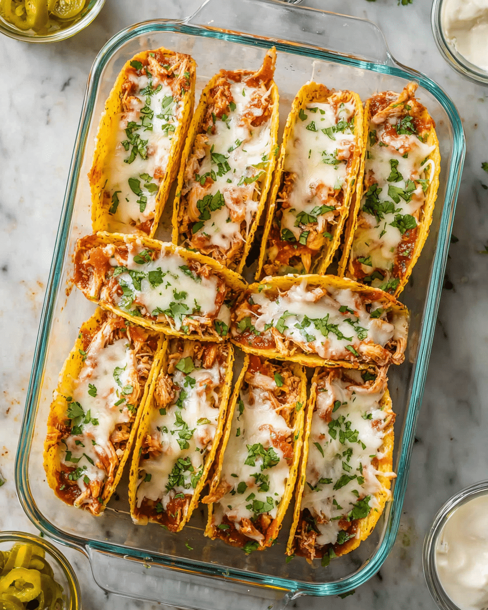 A clear glass baking dish holds ten cooked yellow corn taco shells arranged in two rows. Each shell is filled with a mix of shredded chicken and red salsa visible under a thick layer of melted white cheese stretching slightly over the edges. Bright green chopped cilantro is sprinkled on top of the cheese, adding fresh color. The dish sits on a white marbled surface with small glass bowls of sour cream and pickled jalapeños nearby. The edges of the taco shells look crisp and slightly browned. photo taken with an iphone --ar 4:5 --v 7