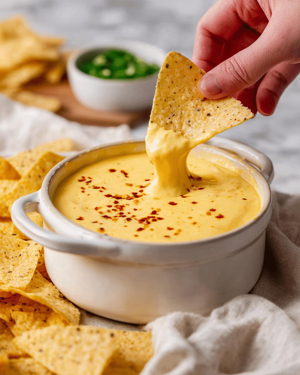 A small white pot filled with one smooth, thick layer of bright yellow cheese dip topped with scattered red chili flakes is at the center, surrounded by several light yellow, textured tortilla chips. A woman's hand is dipping one tortilla chip into the cheese. In the background, there is a small white bowl with sliced green jalapeños on a white marbled surface with a beige cloth under the pot. photo taken with an iphone --ar 4:5 --v 7