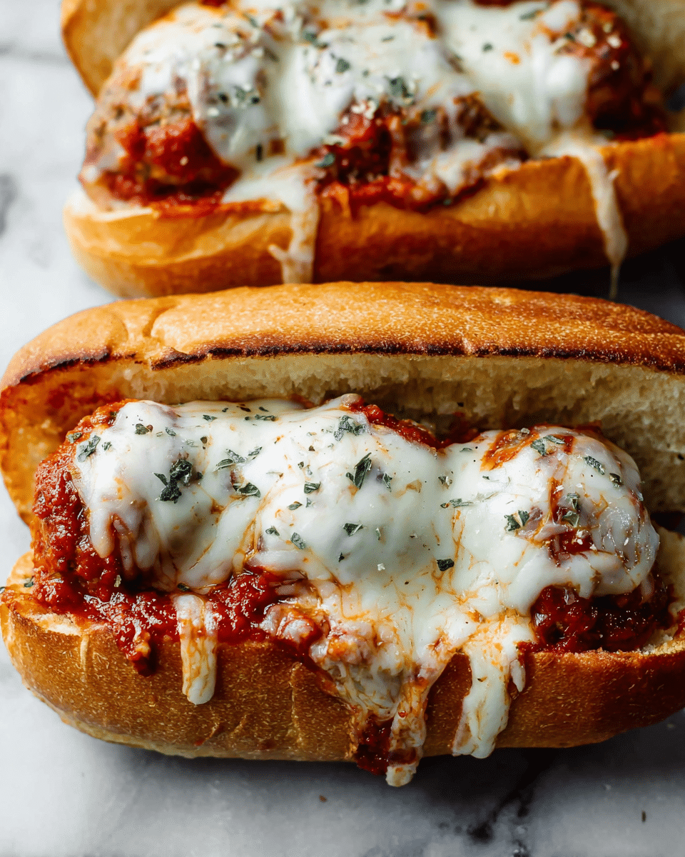 Four toasted hoagie rolls are placed on a white marbled surface, each stuffed with a thick layer of rich red marinara sauce mixed with meatballs. On top, there is a generous layer of melted white mozzarella cheese, browned in spots from baking. One hoagie is pulled apart in the middle, showing gooey melted cheese stretching between the separated halves. Small green bits of herbs are sprinkled over the cheese, adding a fresh touch. A few bits of cheese and herbs are scattered around the rolls. photo taken with an iphone --ar 4:5 --v 7