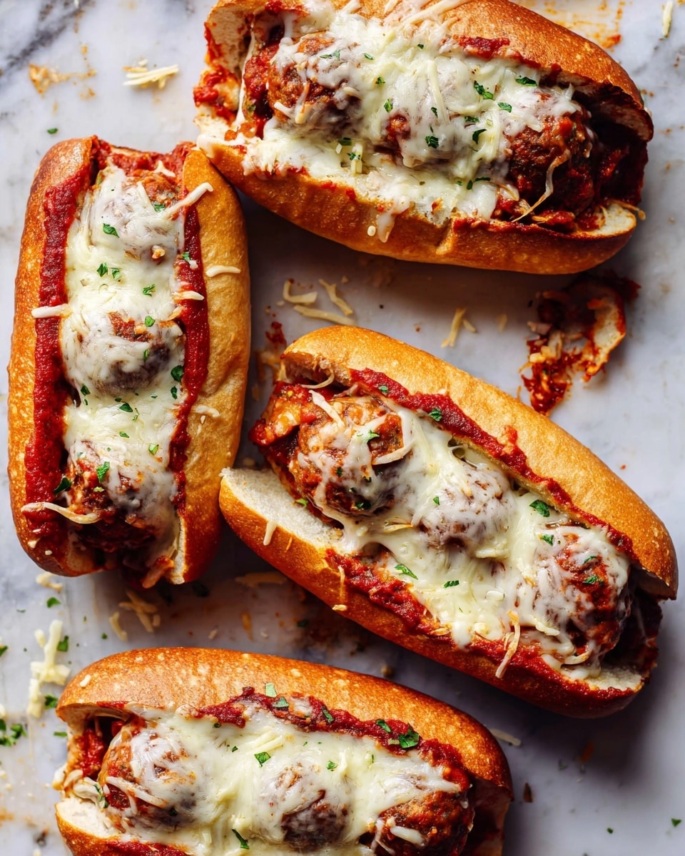 The image shows two meatball subs placed on a white marbled surface. Each sandwich has a golden-brown toasted bun sliced open horizontally. Inside each bun, there is a layer of rich red marinara sauce with visible small pieces of herbs, topped generously with melted white mozzarella cheese that drips over the sauce and meatballs beneath. The cheese is slightly browned in places, adding texture and warmth to the look. Small green herb flakes are sprinkled over the cheese for a fresh touch. The buns look soft yet slightly crisp on the edges, holding the filling neatly inside. Photo taken with an iphone --ar 4:5 --v 7