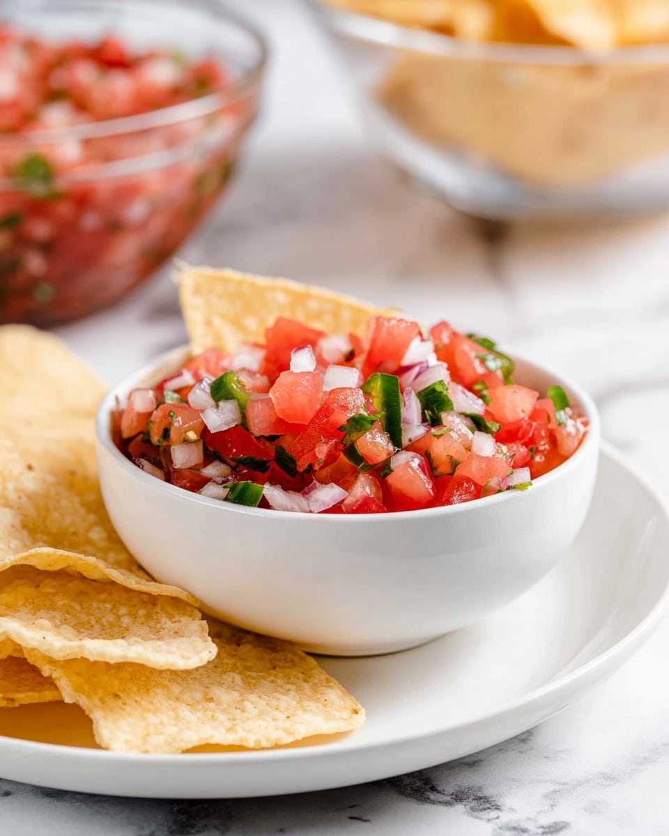 A small white bowl filled with fresh pico de gallo salsa, which has chopped red tomatoes, white onions, green jalapeños, and bits of cilantro, with a triangular tortilla chip partly dipped inside. The bowl sits on a white round plate surrounded by several light yellow tortilla chips with a slightly rough texture. In the blurred background, there is another bowl filled with more salsa and a clear glass bowl with tortilla chips, all placed on a white marbled surface. photo taken with an iphone --ar 4:5 --v 7