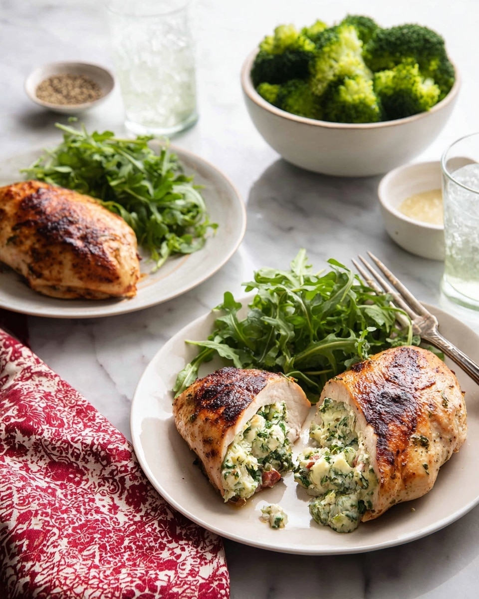 Two cooked chicken breasts sit inside a black air fryer basket, each breast stuffed with a creamy green and white herb filling that slightly oozes out from the middle. The chicken skin has a crispy, dark orange-brown color with some charred spots on top, and the texture looks rough and well-seasoned. The air fryer basket has a grid pattern bottom with some grease droplets visible. Next to the air fryer on a white marbled surface, a plate holds a round light brown bun partly covered with a brown and white checked cloth, and some gold forks rest on another white plate with a gray tint. A red patterned cloth is partially seen in the lower-left corner. photo taken with an iphone --ar 4:5 --v 7