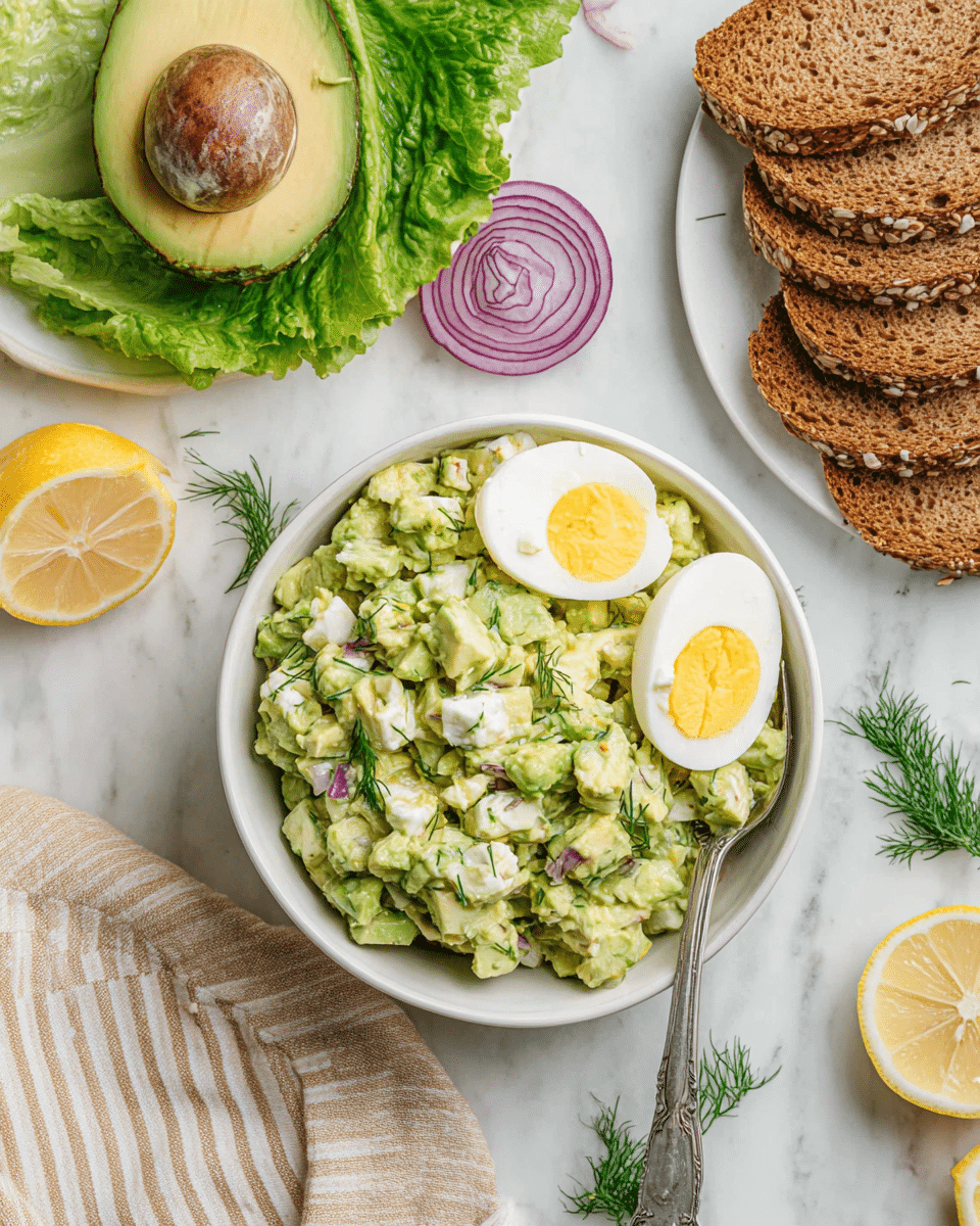 A white bowl filled with chunky avocado salad consisting of light green avocado pieces mixed with small bits of white egg and purple onion, topped with two halves of a hard-boiled egg showing bright yellow yolks; a silver spoon rests inside the bowl on the right side. Nearby, there is a white plate stacked with slices of seeded whole grain bread, and fresh green lettuce leaves holding a halved avocado with a large brown pit. Smalls sprigs of green dill, a halved lemon with bright yellow flesh, and a slice of purple red onion are scattered on a white marbled surface. A beige and white striped cloth is partially visible on the lower right side. photo taken with an iphone --ar 4:5 --v 7
