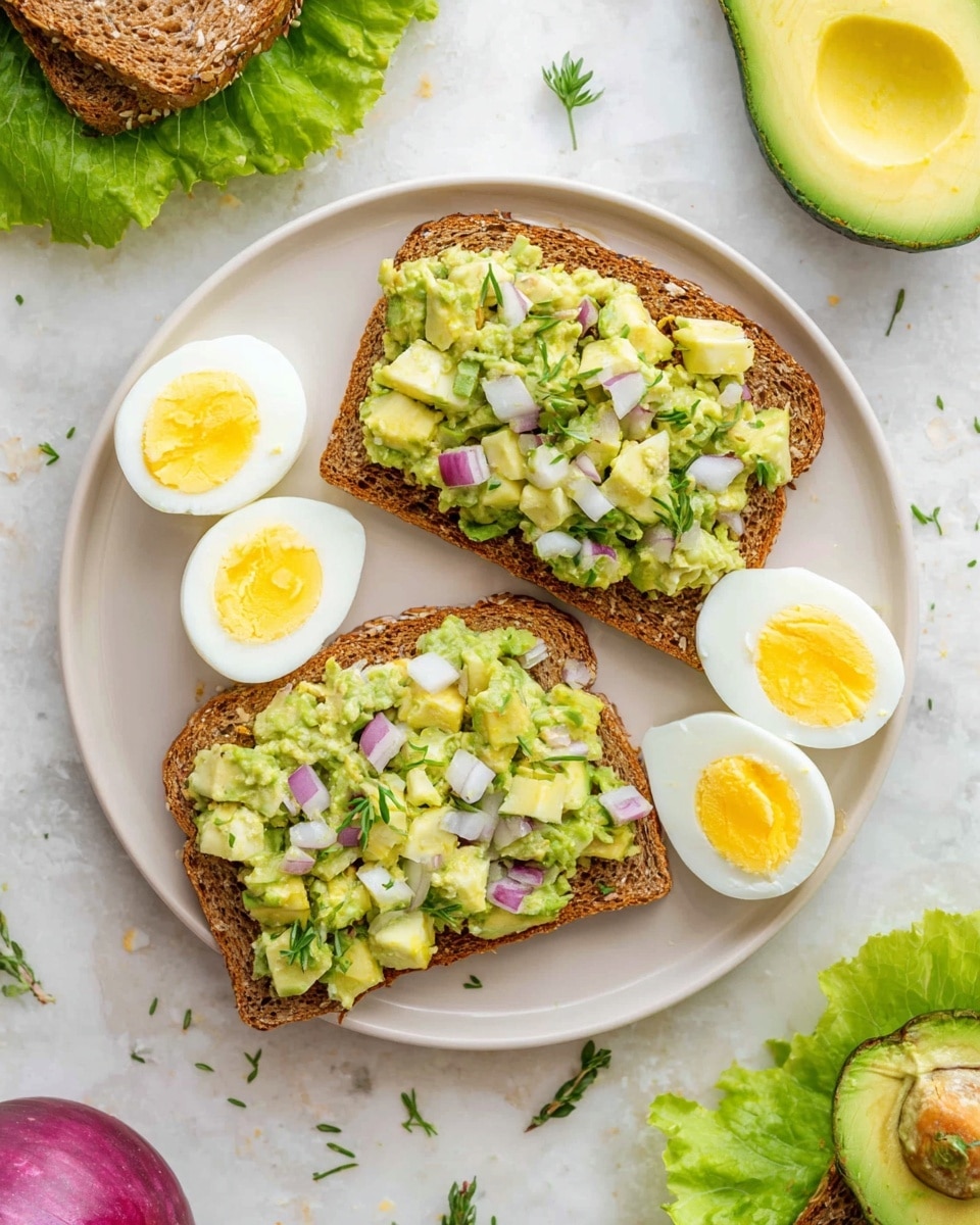 Two slices of seeded whole grain toast lie flat on a white plate, each topped with chunky, mixed avocado and chopped boiled egg spread that is light green with bits of white and purple from diced onion, creating a textured, uneven surface. Around the toast, there are three halved boiled eggs with bright yellow yolks and white edges, placed directly on the plate. To the top right, two avocado halves rest on green lettuce leaves, showing one half with a seed and the other empty, both revealing smooth green and pale yellow flesh. The background surface is white with a marbled texture, scattered with small green herb sprigs and a halved red onion at the bottom left corner. Photo taken with an iphone --ar 4:5 --v 7