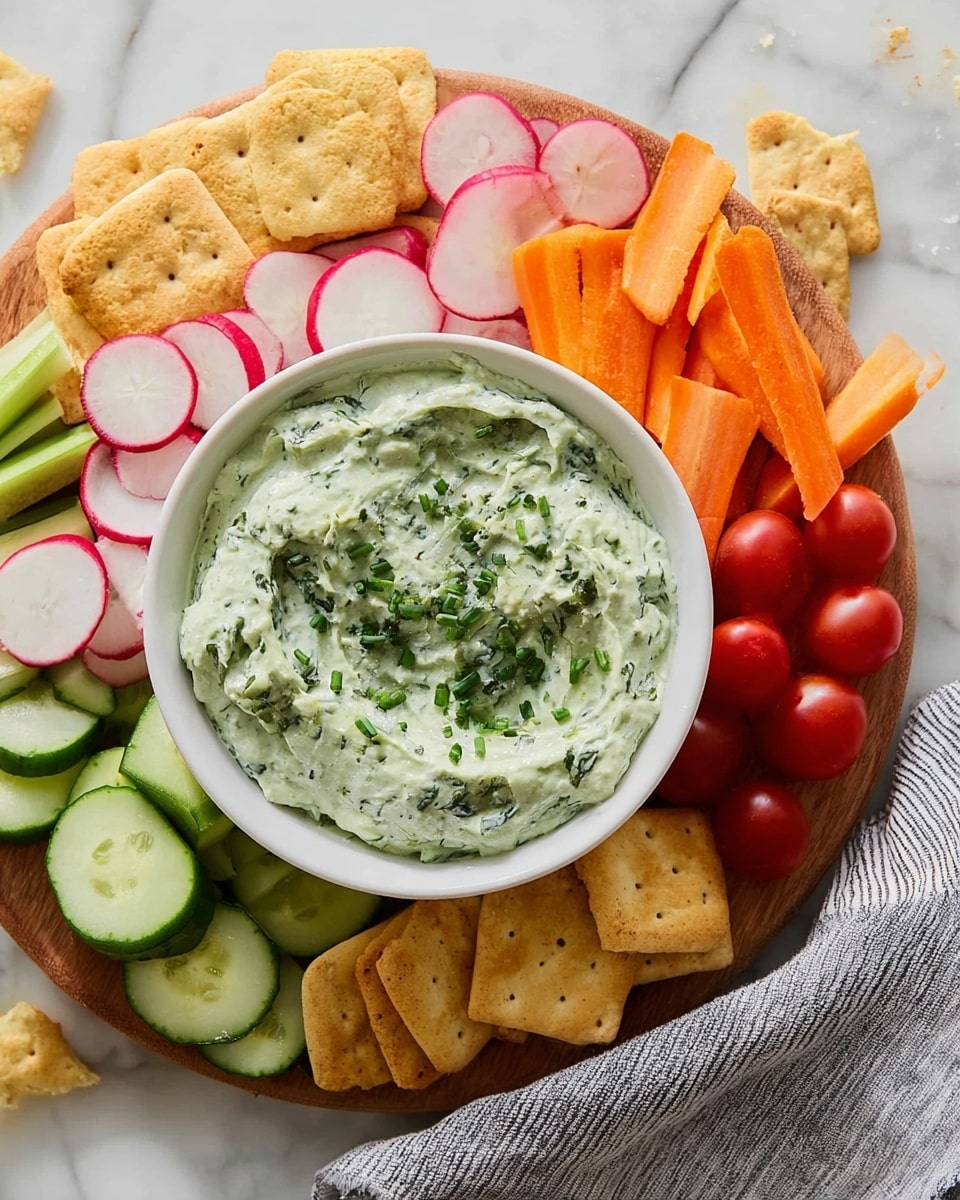 A close-up view of a white bowl filled with a thick, creamy, light green dip that has small pieces of darker green herbs mixed evenly throughout. The dip is topped with scattered small chopped green onions. In the blurred background, slices of cucumber, radish, and red bell pepper pieces surround the bowl, all placed on a white marbled surface. Photo taken with an iphone --ar 4:5 --v 7