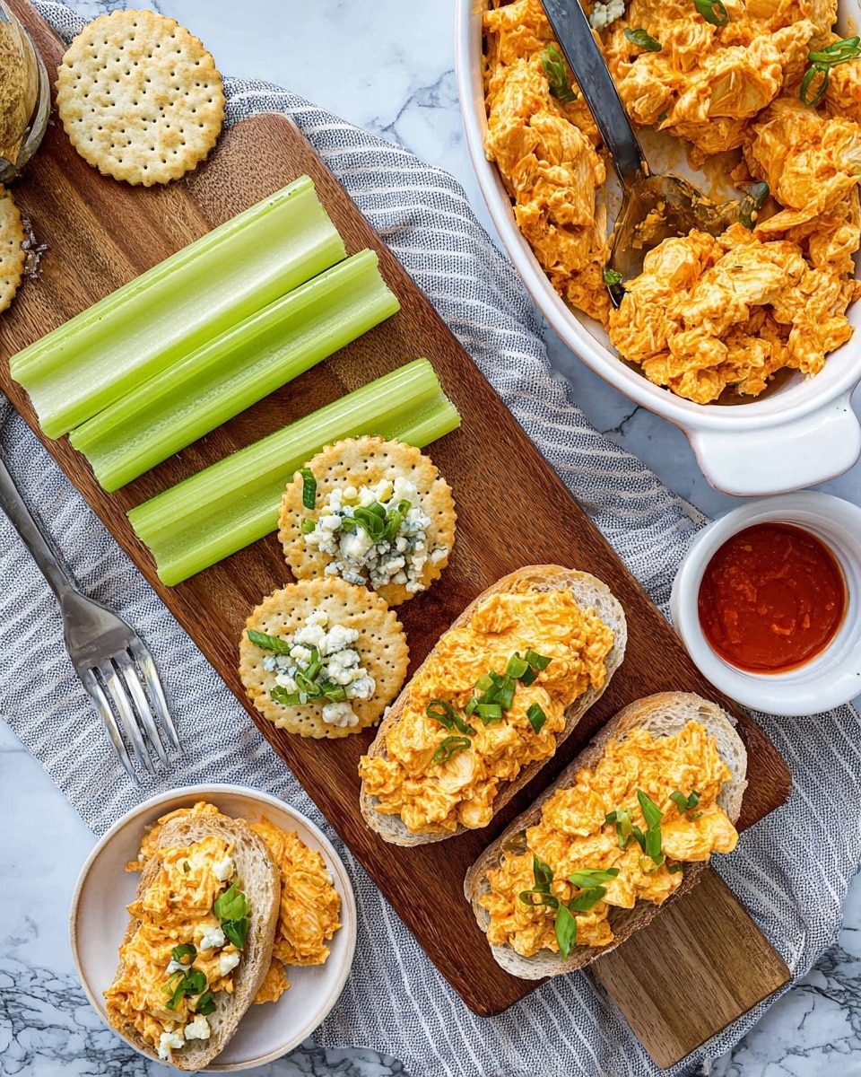 A white oval dish filled with a creamy, chunky dip that has a golden-orange color with visible bits of chicken and melted cheese, with some browned edges around the dish. A silver spoon rests inside the dish, partially submerged in the dip. Next to it, on a white plate, there is a slice of bread spread with the same dip, revealing its thick texture, while a rectangular white plate holds fresh, bright green celery sticks. Another white plate contains round golden crackers. The background is a white marbled texture with a blue and white striped cloth partly under the dish. photo taken with an iphone --ar 4:5 --v 7