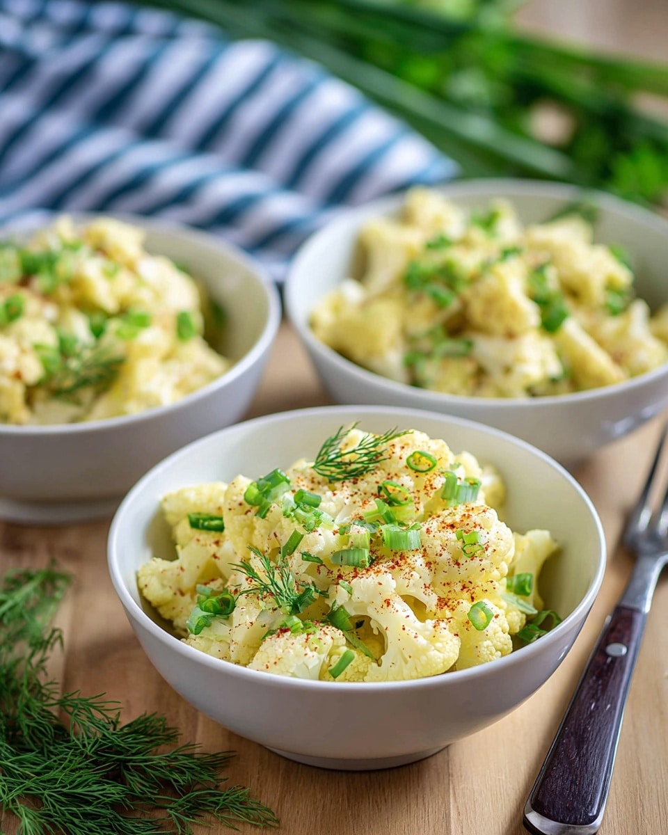 This image shows three white bowls filled with a creamy cauliflower salad. Each bowl contains about three layers: the base layer is made of yellowish, cooked cauliflower pieces coated in a smooth, creamy dressing. Scattered on top are small green pieces of chopped spring onions and dill, adding a fresh bright green color. A light sprinkling of red seasoning dusts the cauliflower, giving slight contrast. The bowls are placed on a wooden surface with some dill sprigs nearby and a silver fork with a dark handle next to the front bowl. In the background, a blue and white striped cloth and some greenery are softly blurred. photo taken with an iphone --ar 4:5 --v 7
